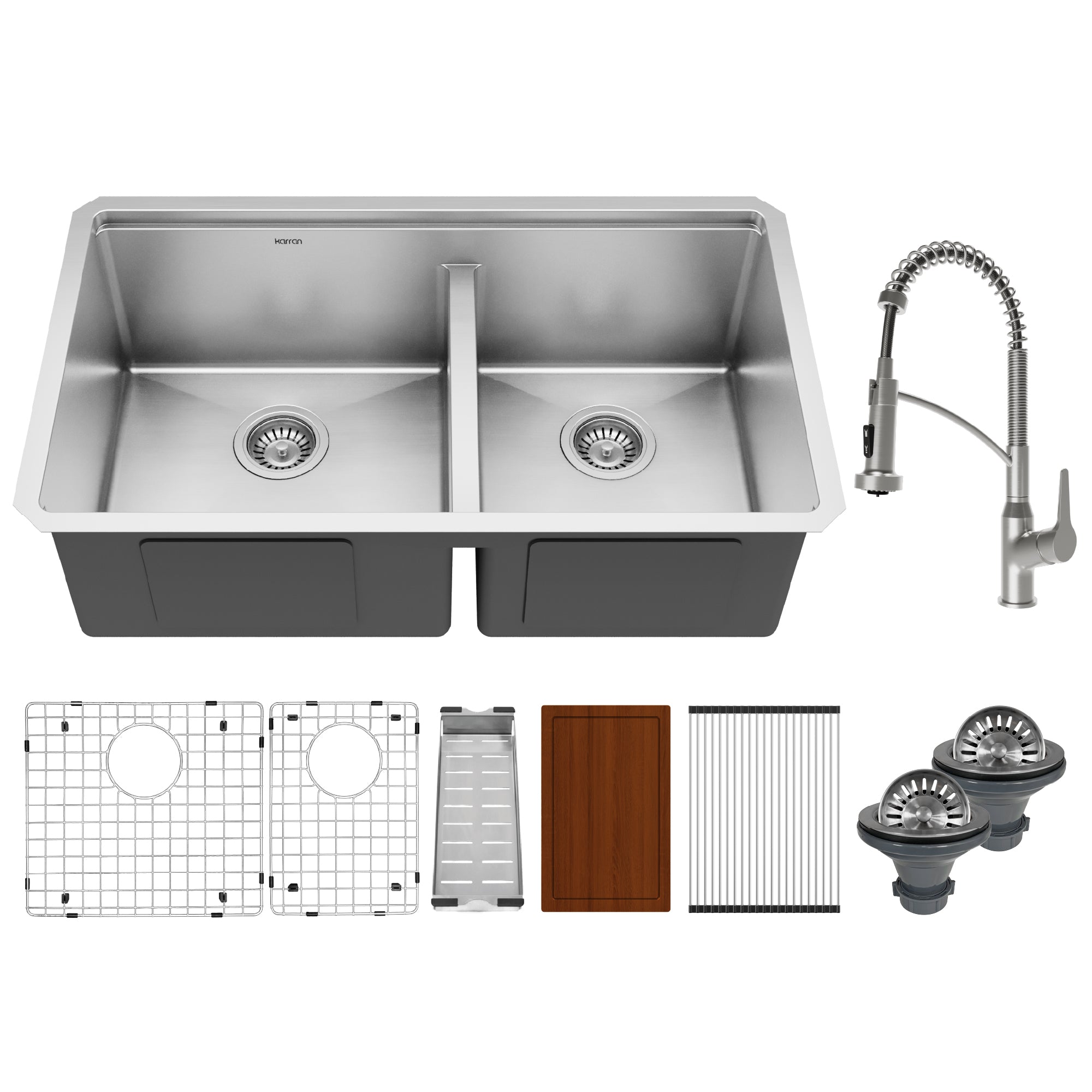 Karran Elite Workstation 32" Undermount Stainless Steel Kitchen Sink with Faucet, 60/40 Double Bowl, WS-40-PK3