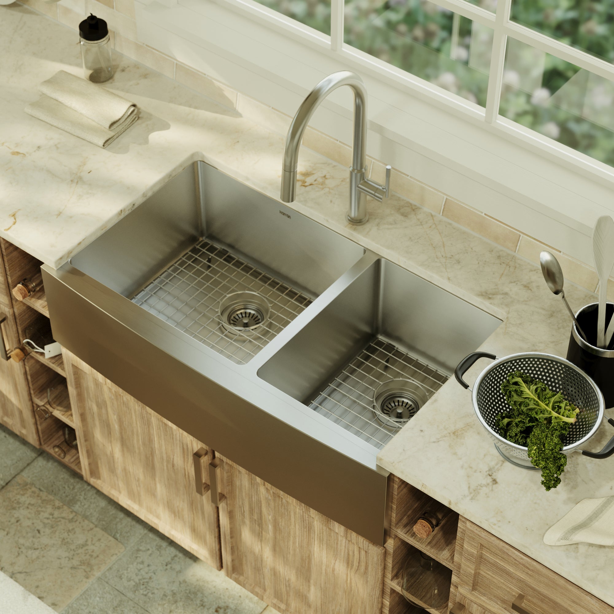 Alternative View of Karran 36" Stainless Steel Farmhouse Sink with Accessories, 60/40 Double Bowl, 16 Gauge, EL-87-PK1