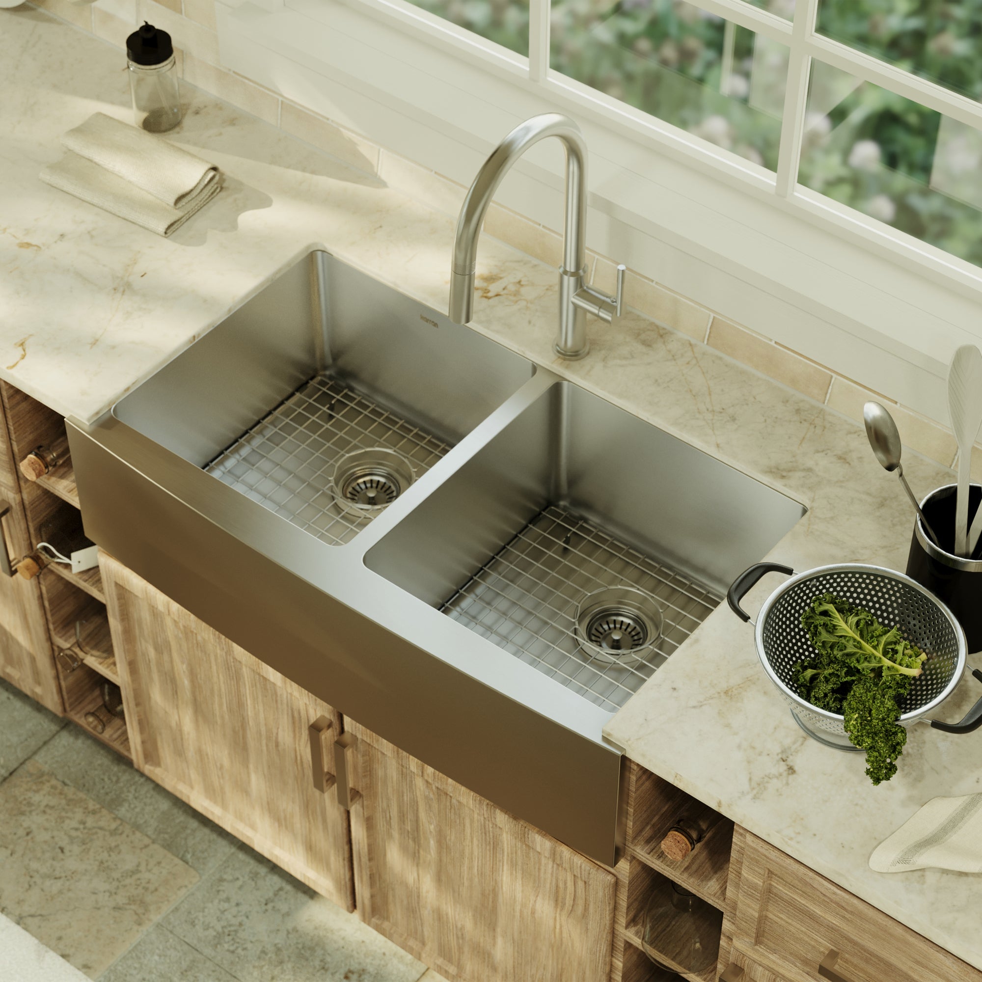Alternative View of Karran Elite 36" Stainless Steel Farmhouse Sink with Accessories, 50/50 Double Bowl, 16 Gauge, EL-88-PK1