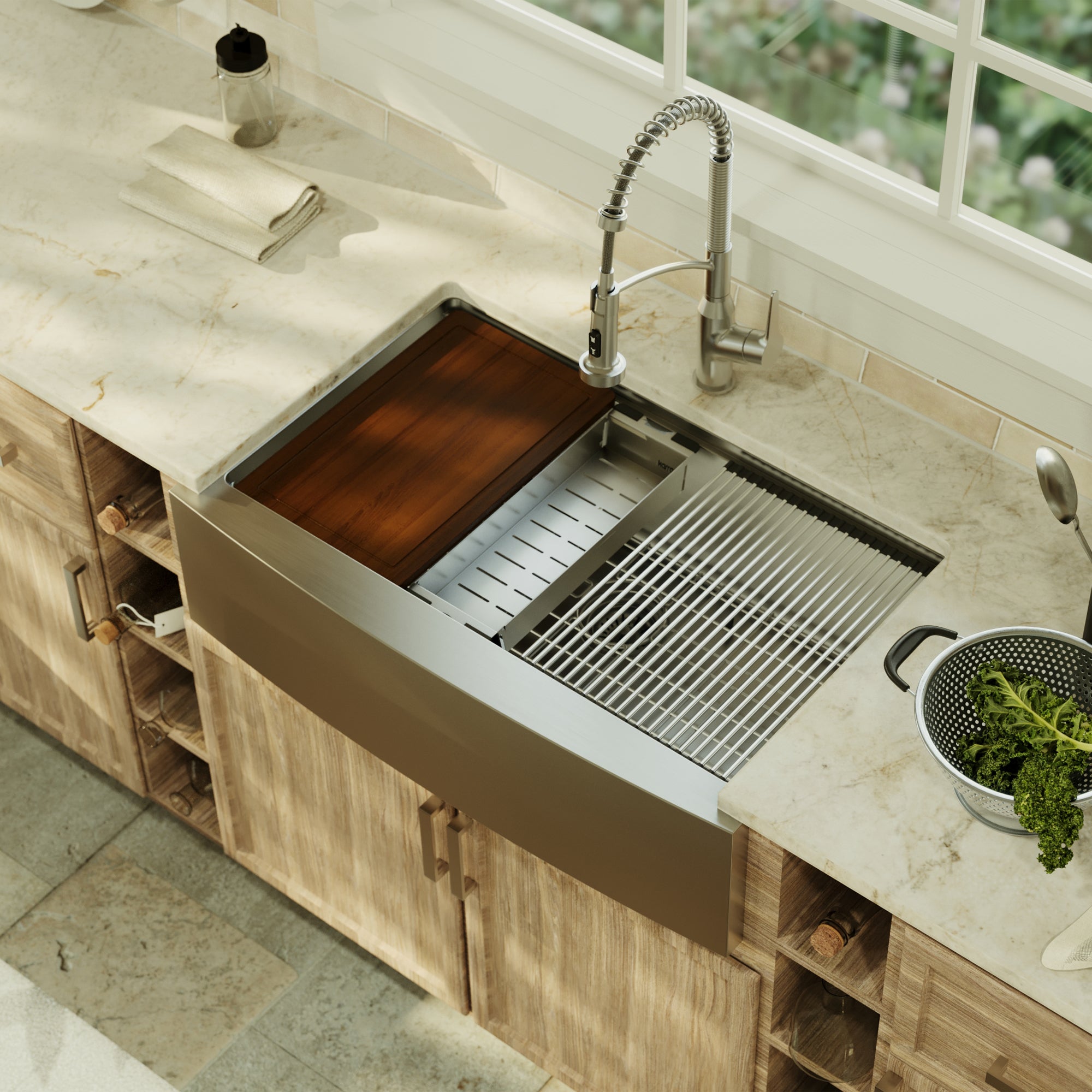 Karran elite workstation 33 stainless steel farmhouse sink with faucet lifestyle image
