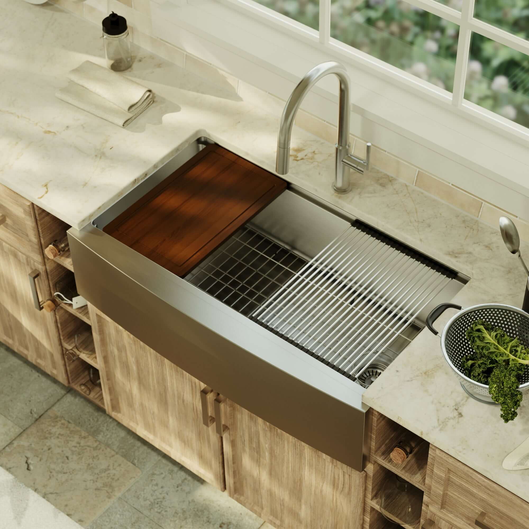 Alternative View of Karran Elite Workstation 36" Stainless Steel Workstation Farmhouse Sink with Accessories, 16 Gauge, WSA-46-PK1