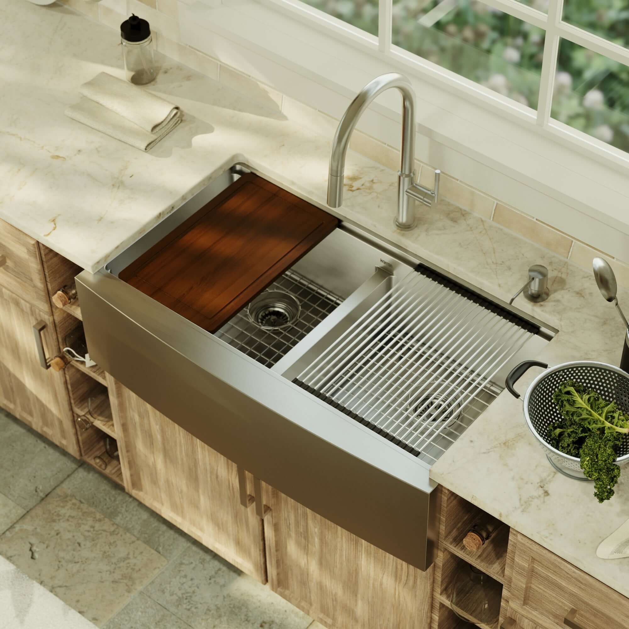 Alternative View of Karran Elite Workstation 36" Stainless Steel Workstation Farmhouse Sink with Accessories, 50/50 Double Bowl, 16 Gauge, WSA-48-PK1