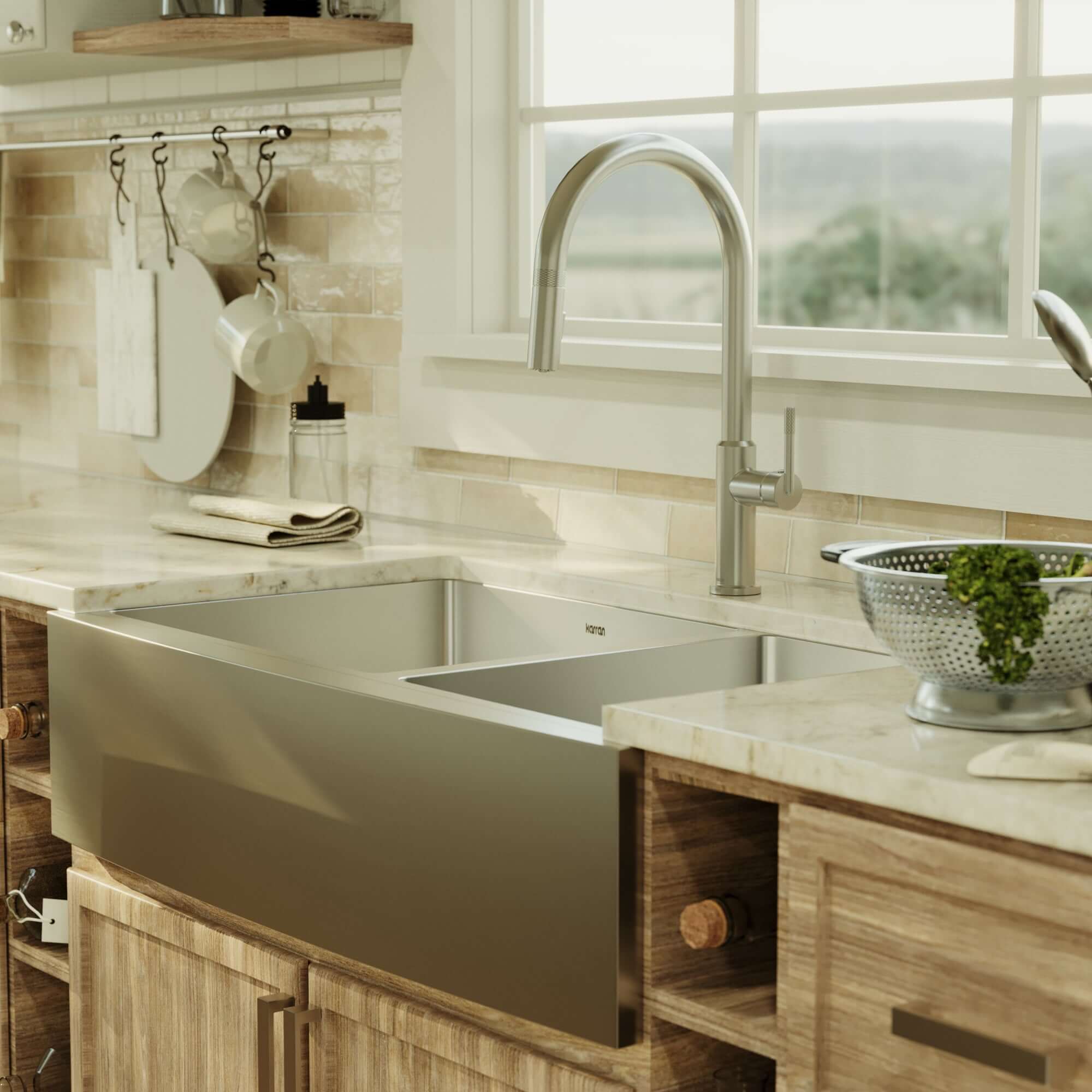 Alternative View of Karran 36" Stainless Steel Farmhouse Sink with Accessories, 60/40 Double Bowl, 16 Gauge, EL-87-PK1