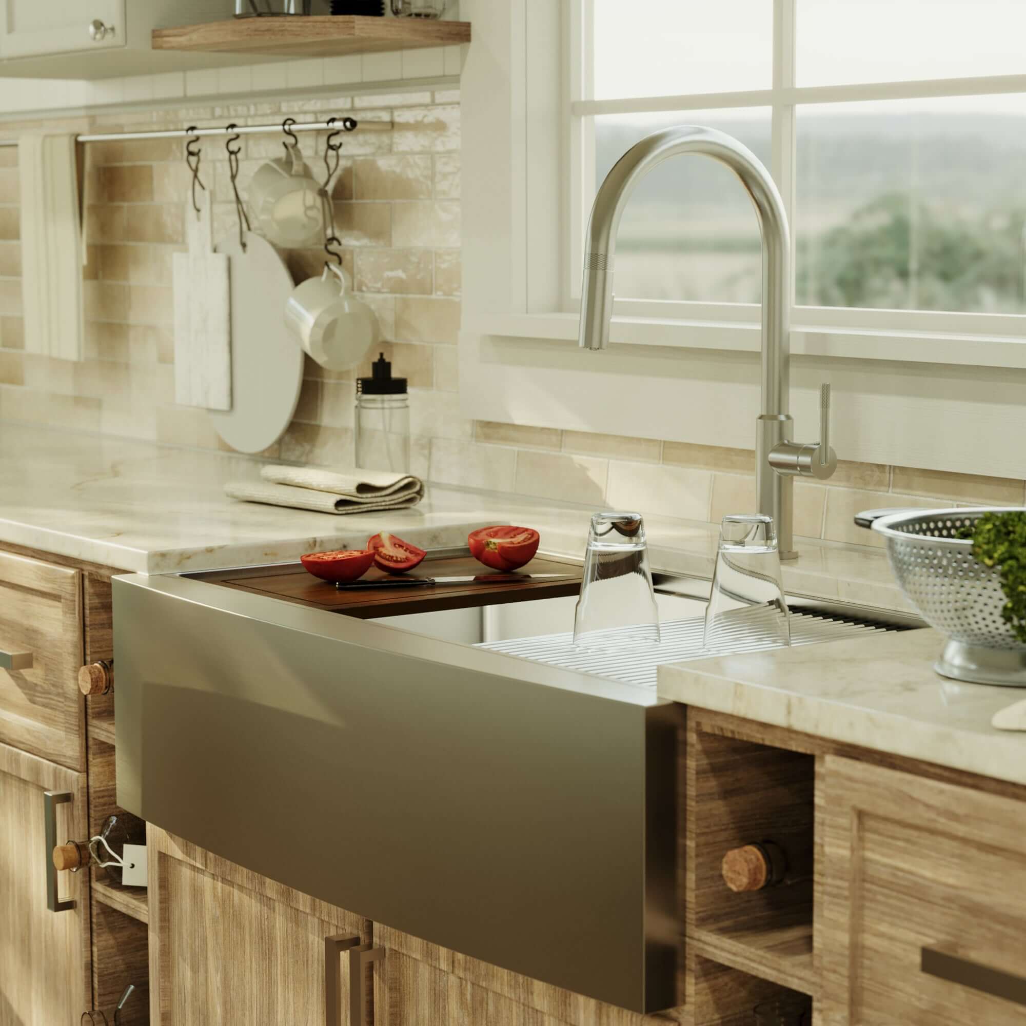 Alternative View of Karran Elite Workstation 36" Stainless Steel Workstation Farmhouse Sink with Accessories, 50/50 Double Bowl, 16 Gauge, WSA-48-PK1