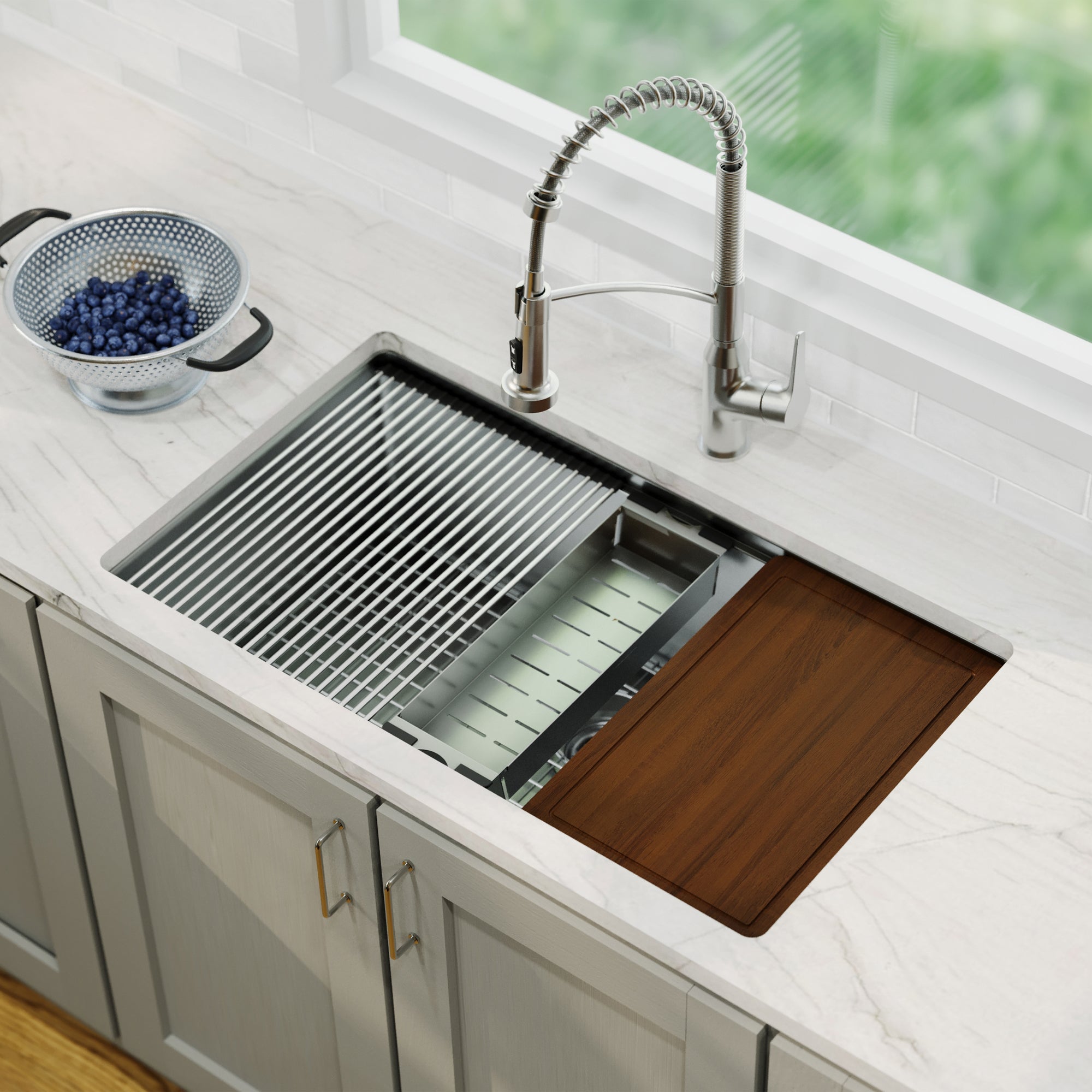 Karran elite workstation 32 stainless steel kitchen sink with faucet lifestyle image