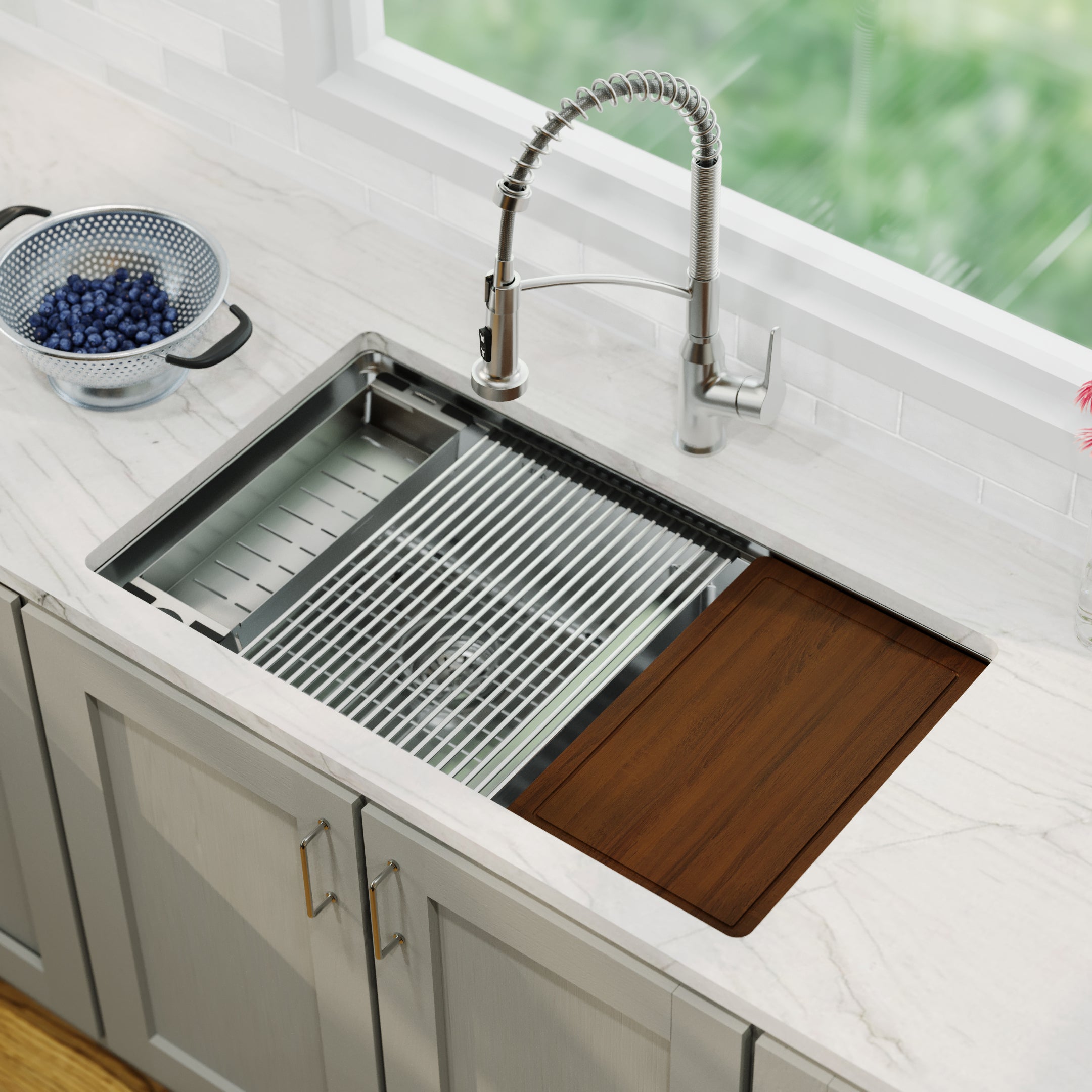 Karran elite workstation 32 stainless steel kitchen sink with faucet 60/40 double bowl lifestyle image