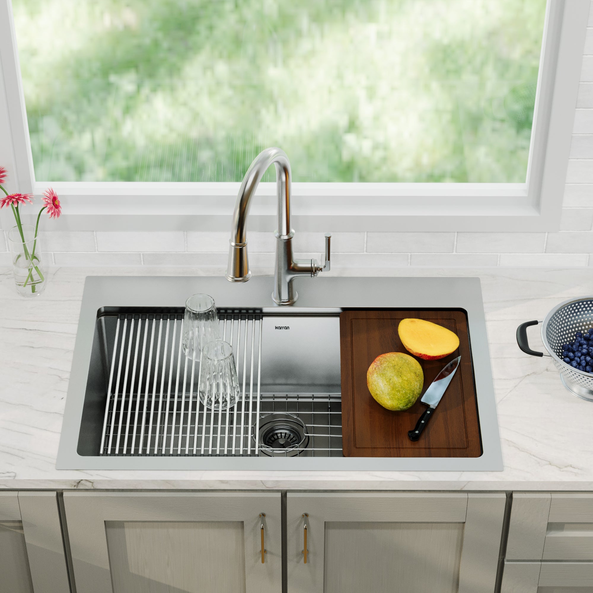 Alternative View of Karran Elite Workstation 33" Drop In/Topmount Stainless Steel Workstation Kitchen Sink with Accessories, 16 Gauge, WST-23-PK1