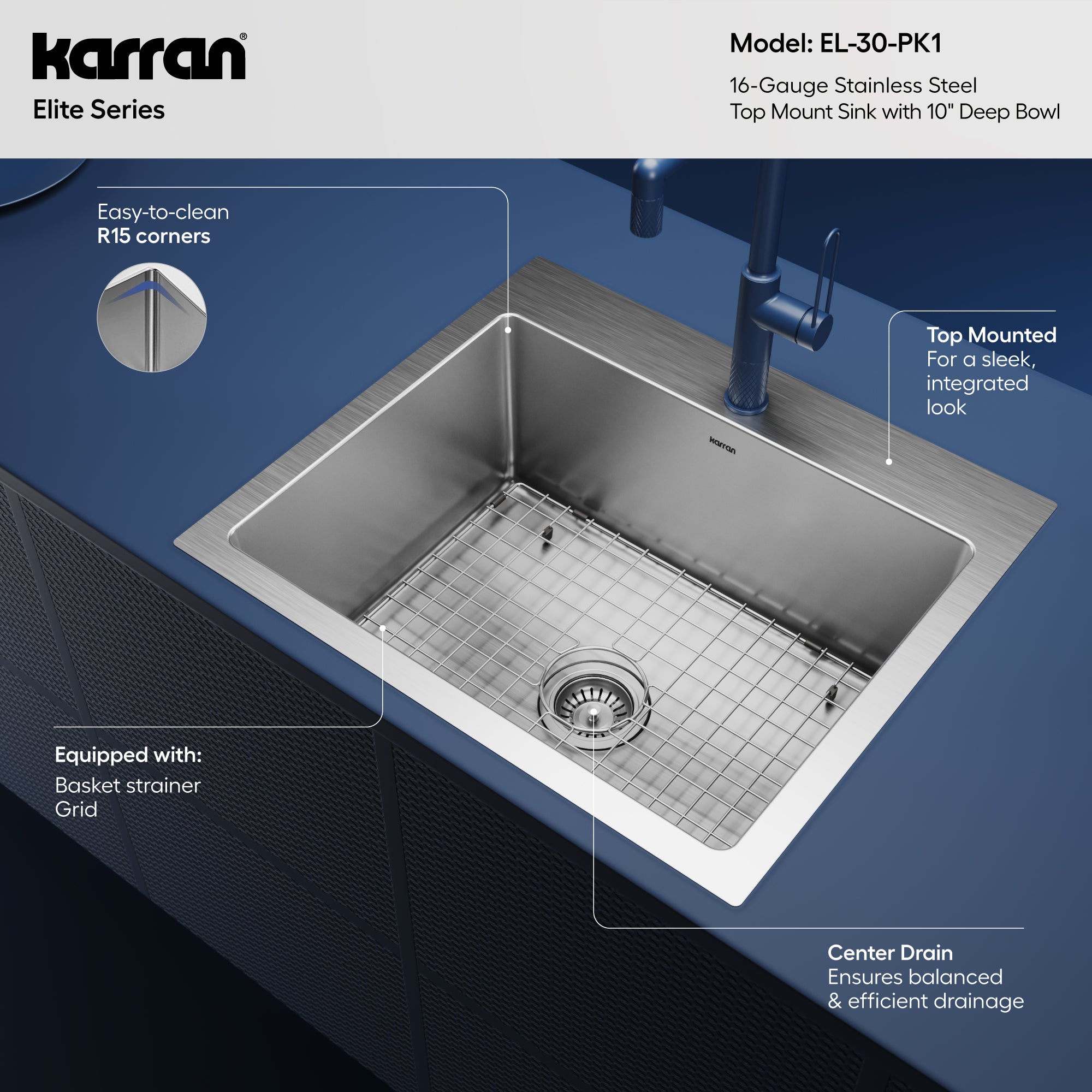 Alternative View of Karran 25" Drop In/Topmount Stainless Steel Kitchen Sink with Accessories, 16 Gauge, EL-30-PK1