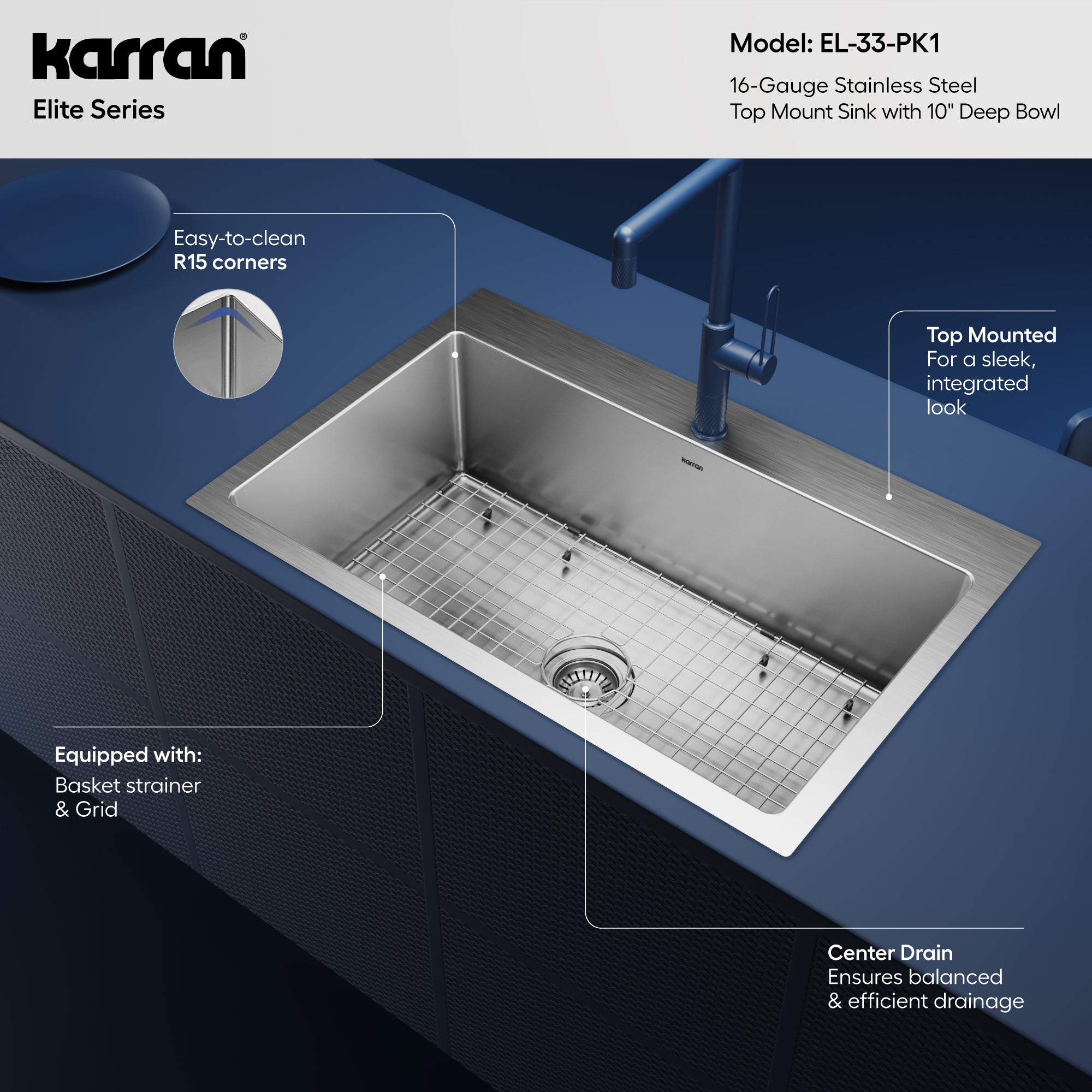 Alternative View of Karran 33" Drop In/Topmount Stainless Steel Kitchen Sink, 16 Gauge, EL-33-PK1