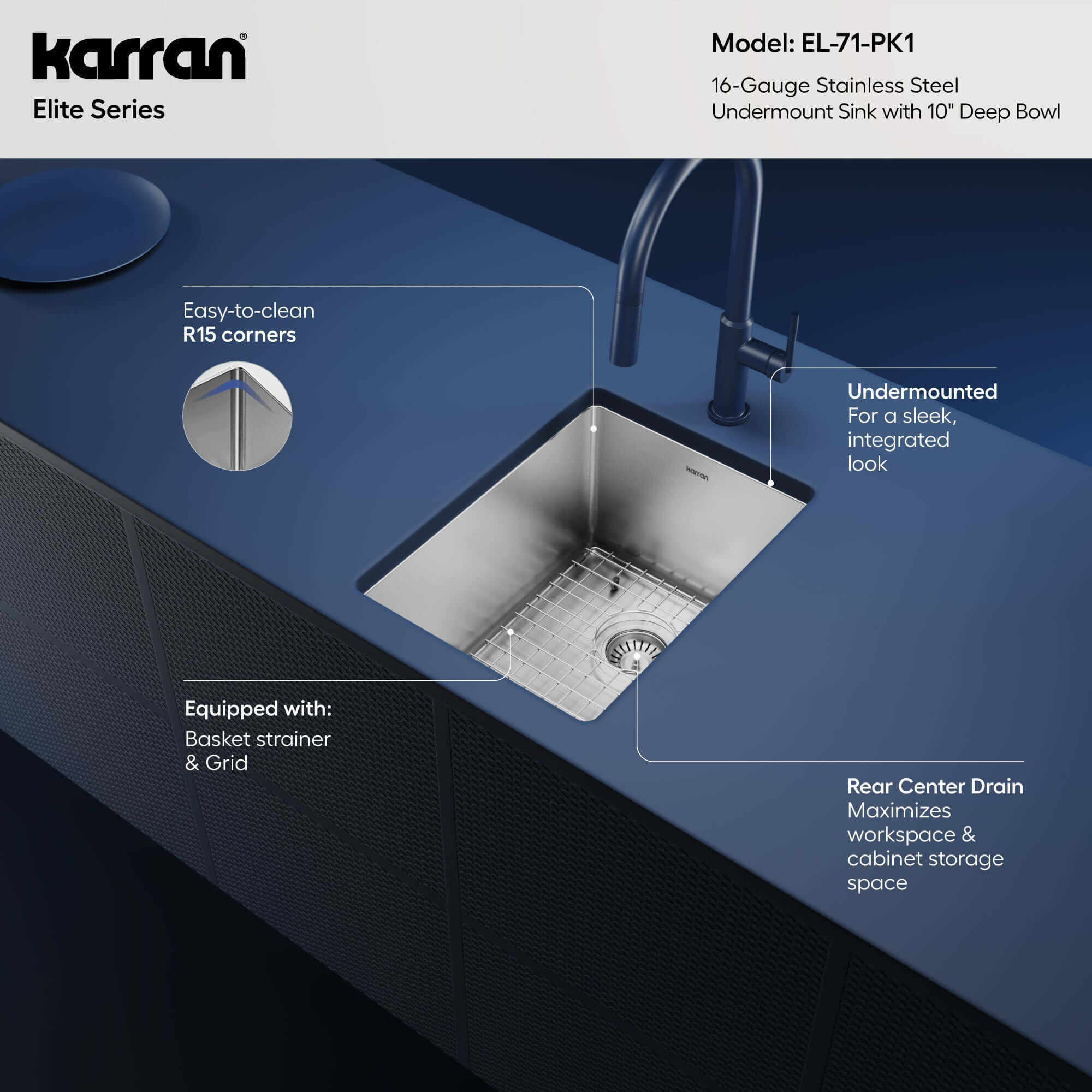 Alternative View of Karran Elite 15" Rectangular Stainless Steel Bar/Prep Sink with Accessories, 16 Gauge, EL-71-PK1