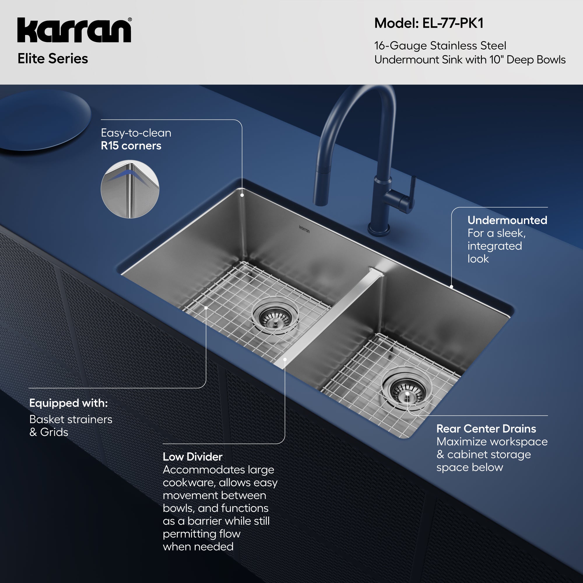 Alternative View of Karran 32" Undermount Stainless Steel Kitchen Sink with Accessories, 60/40 Double Bowl, 16 Gauge, EL-77-PK1