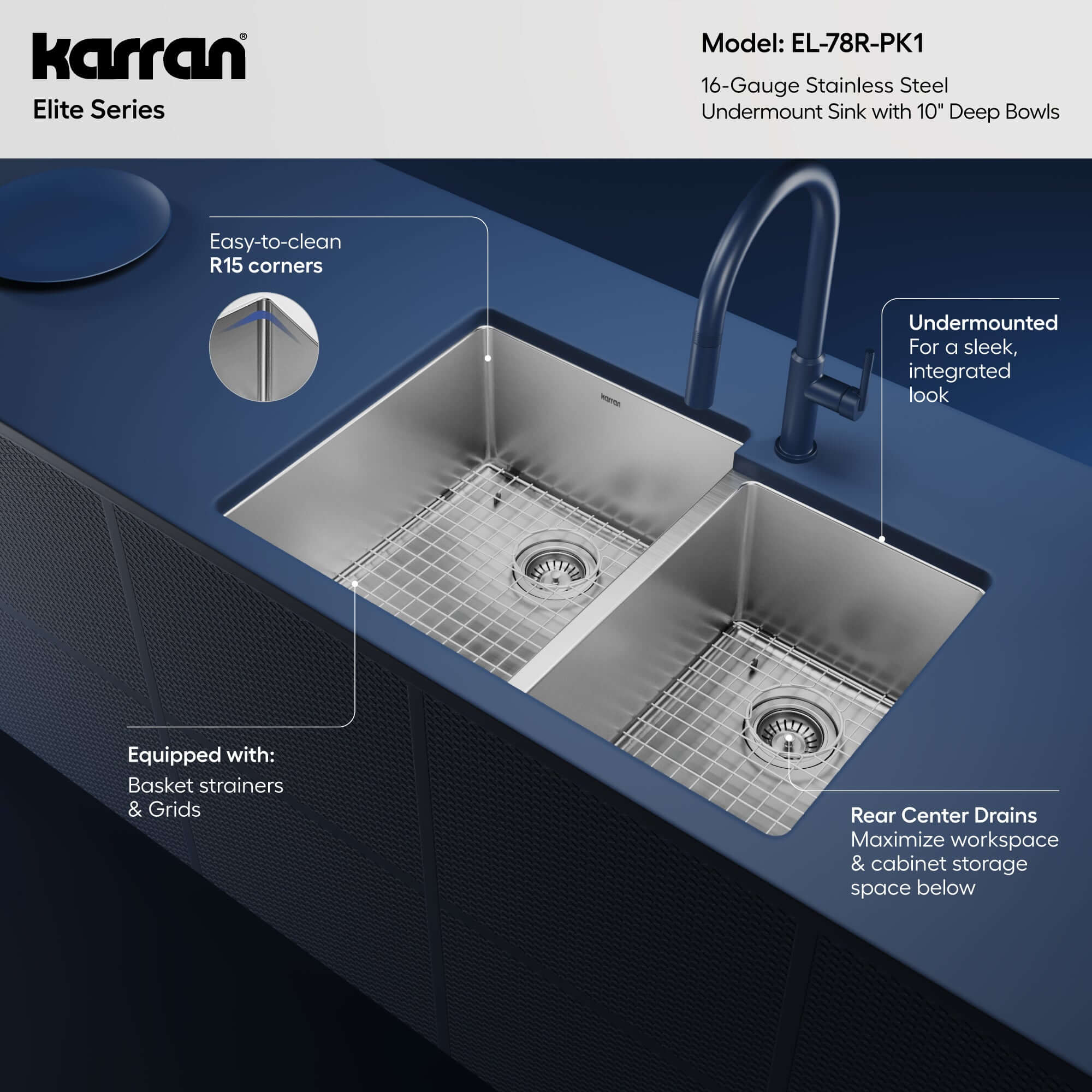 Alternative View of Karran Elite 33" Undermount Stainless Steel Kitchen Sink with Accessories, 60/40 Double Bowl, 16 Gauge, EL-78R-PK1