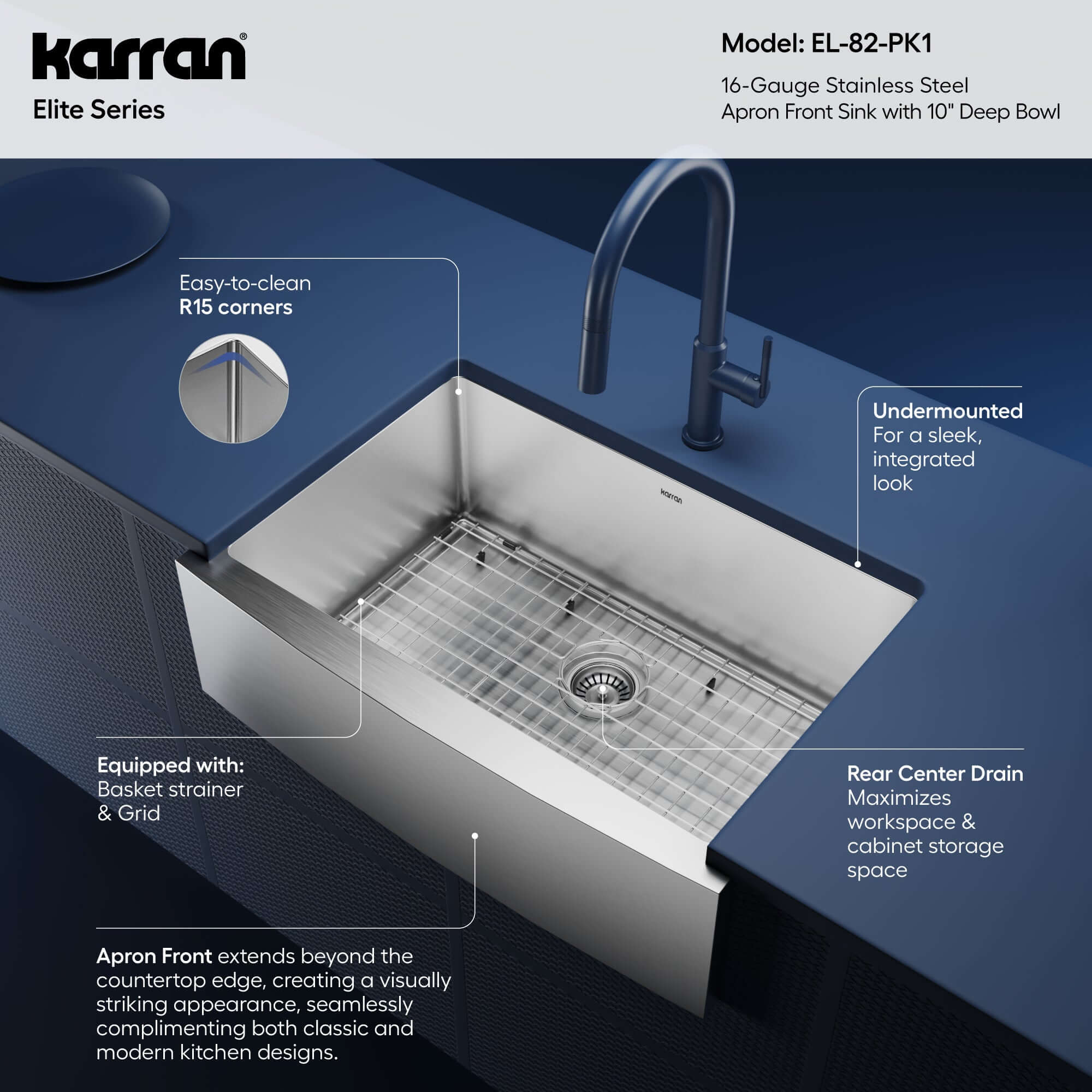Alternative View of Karran 30" Stainless Steel Farmhouse Sink, 16 Gauge, EL-82-PK1
