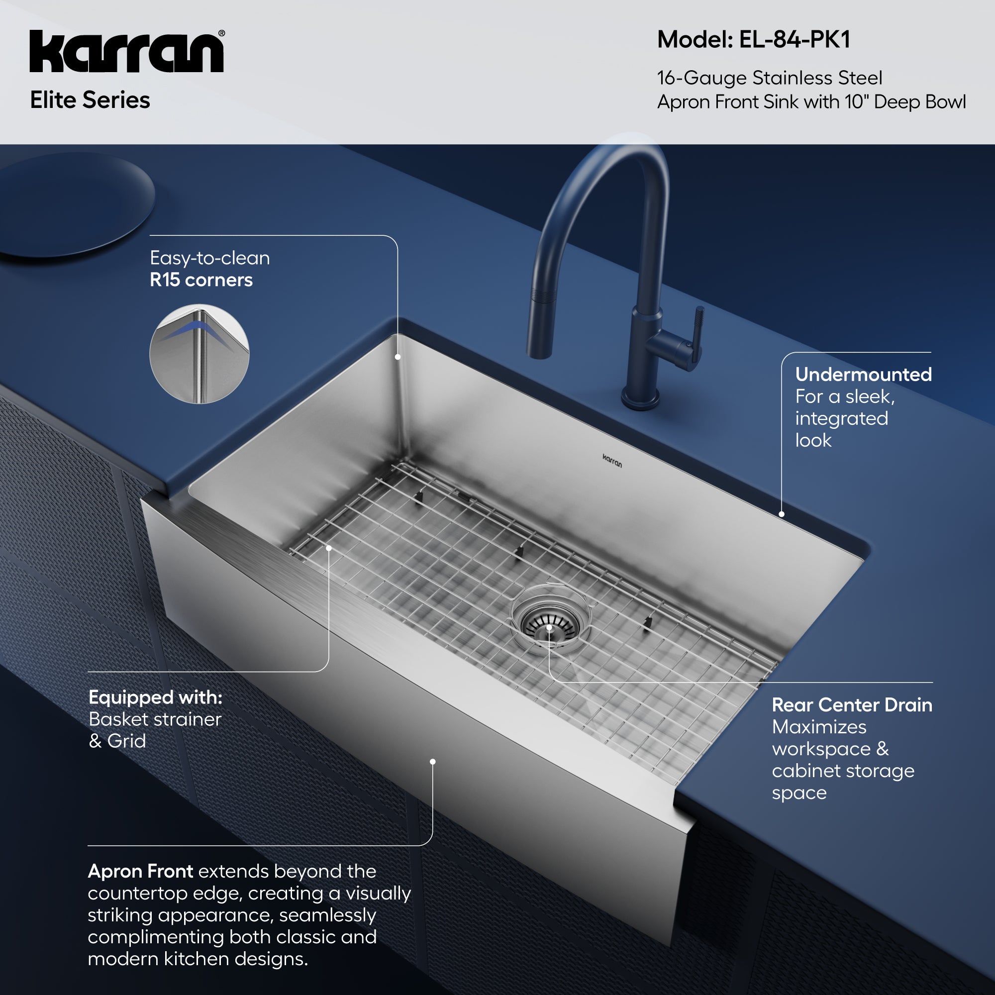 Alternative View of Karran 33" Stainless Steel Farmhouse Sink, 16 Gauge, EL-84-PK1
