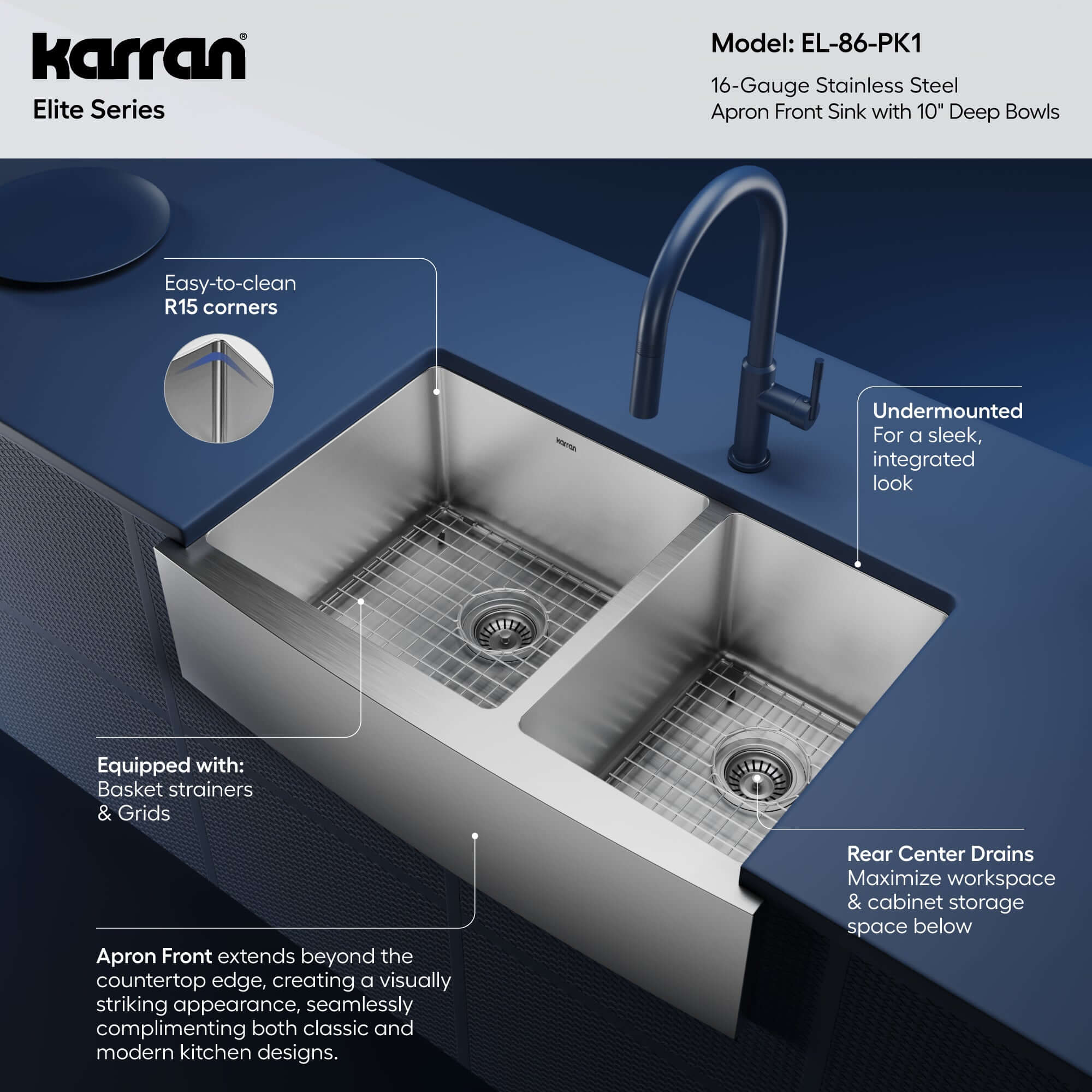 Alternative View of Karran 33" Stainless Steel Farmhouse Sink with Accessories, 60/40 Double Bowl, 16 Gauge, EL-86-PK1