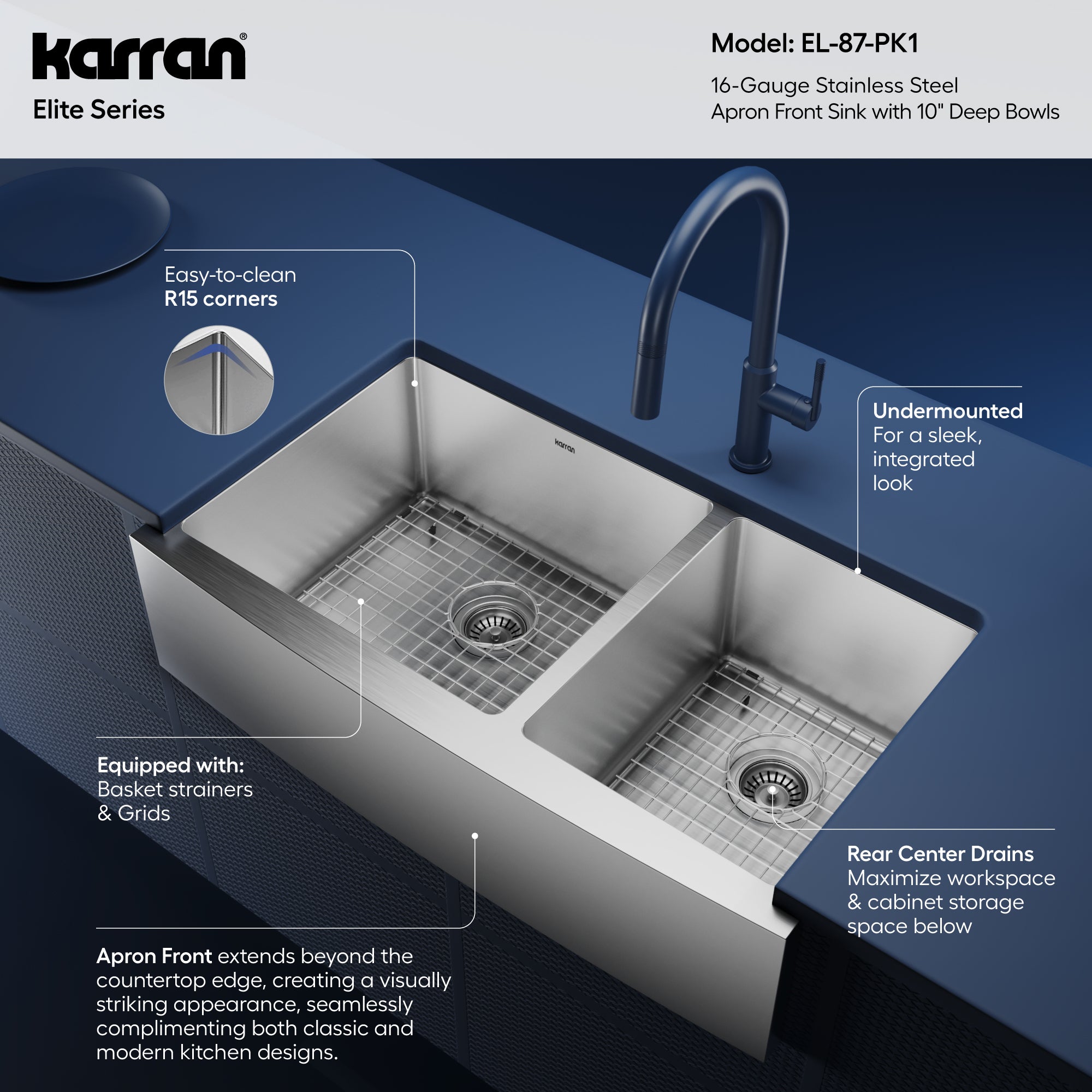 Alternative View of Karran 36" Stainless Steel Farmhouse Sink with Accessories, 60/40 Double Bowl, 16 Gauge, EL-87-PK1