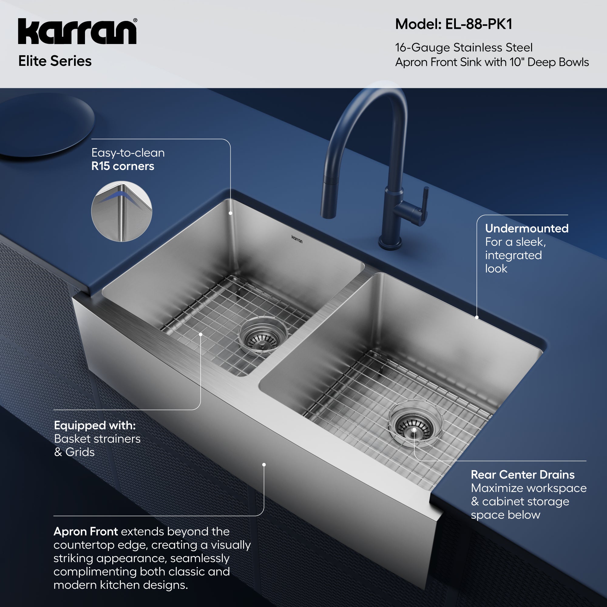 Alternative View of Karran Elite 36" Stainless Steel Farmhouse Sink with Accessories, 50/50 Double Bowl, 16 Gauge, EL-88-PK1