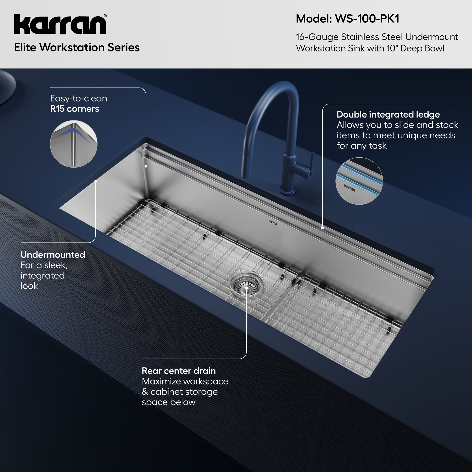 Alternative View of Karran 45" Undermount Stainless Steel Workstation Kitchen Sink with Accessories, 16 Gauge, WS-100-PK1