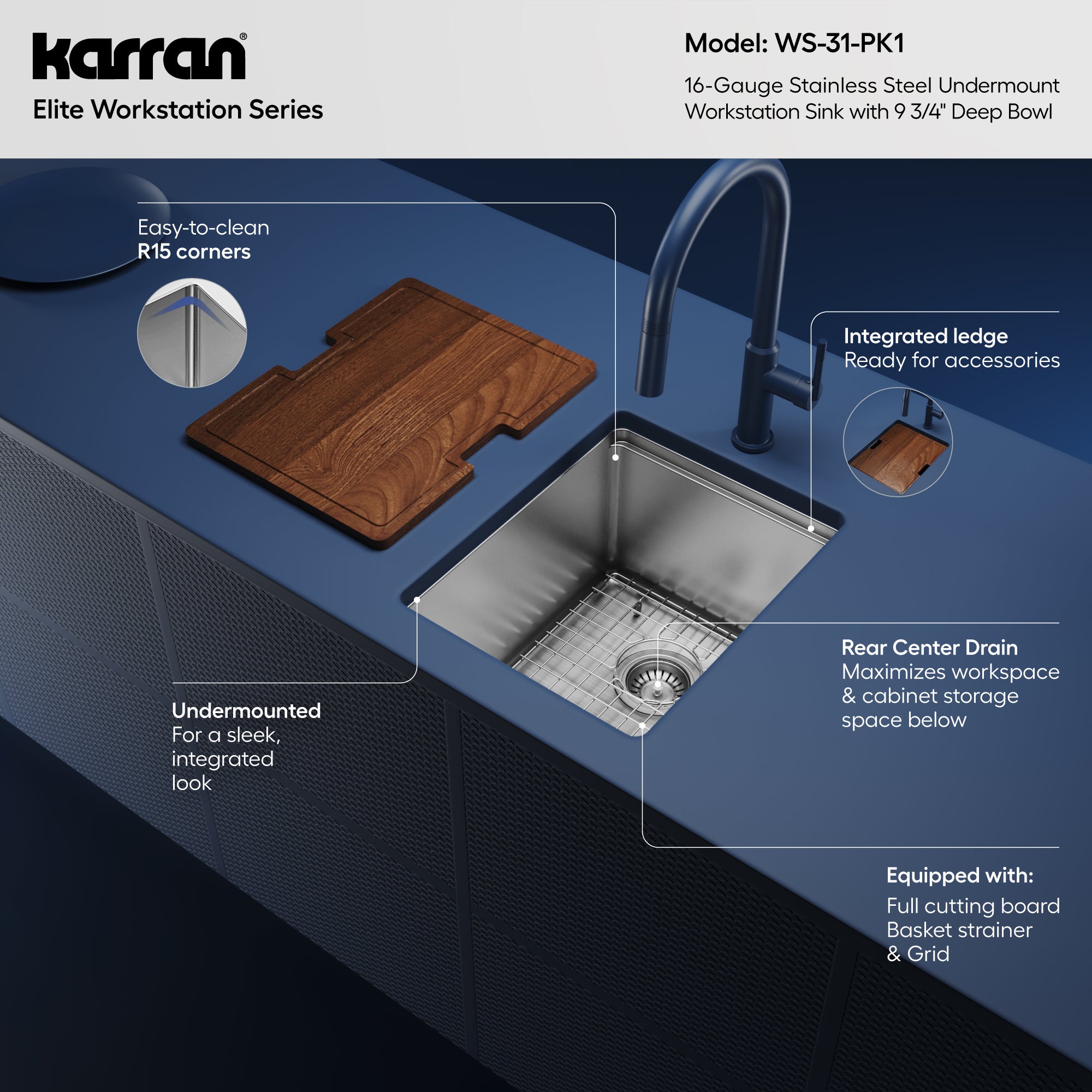 Alternative View of Karran Elite Workstation 15" Undermount Stainless Steel Workstation Kitchen Sink with Accessories, 16 Gauge, WS-31-PK1