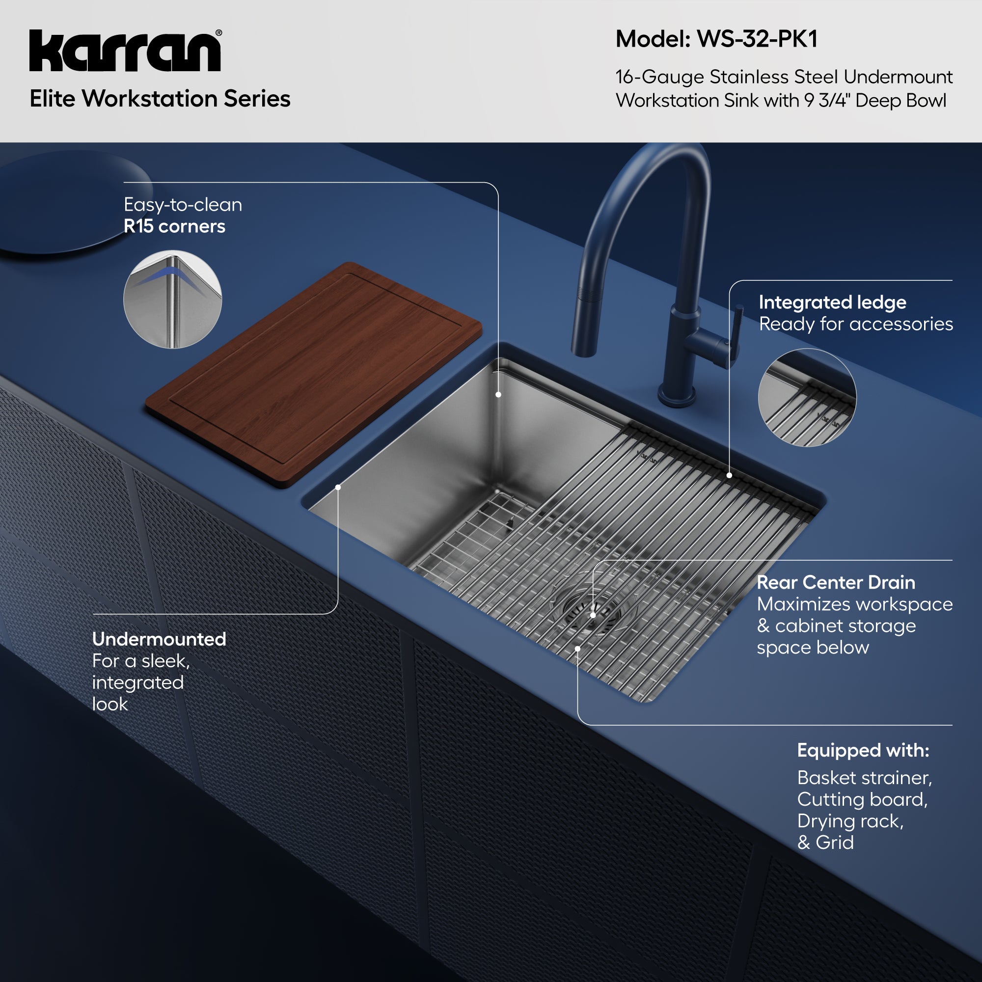 Alternative View of Karran Elite Workstation 23" Undermount Stainless Steel Workstation Kitchen Sink with Accessories, 16 Gauge, WS-32-PK1