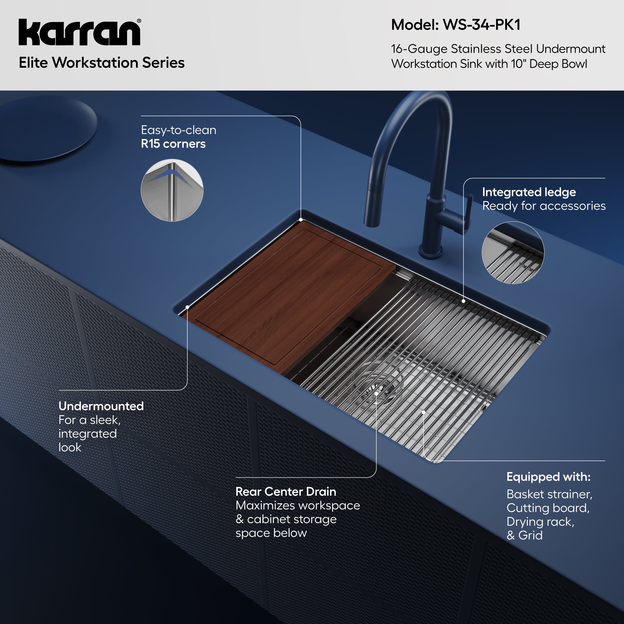 Alternative View of Karran Elite Workstation 27" Undermount Stainless Steel Workstation Kitchen Sink with Accessories, 16 Gauge, WS-34-PK1