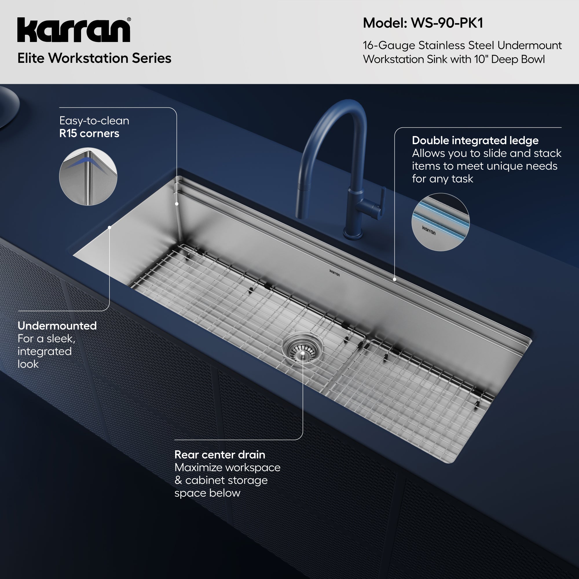 Alternative View of Karran Elite Workstation 45" Undermount Stainless Steel Workstation Kitchen Sink with Accessories, 16 Gauge, WS-90-PK1