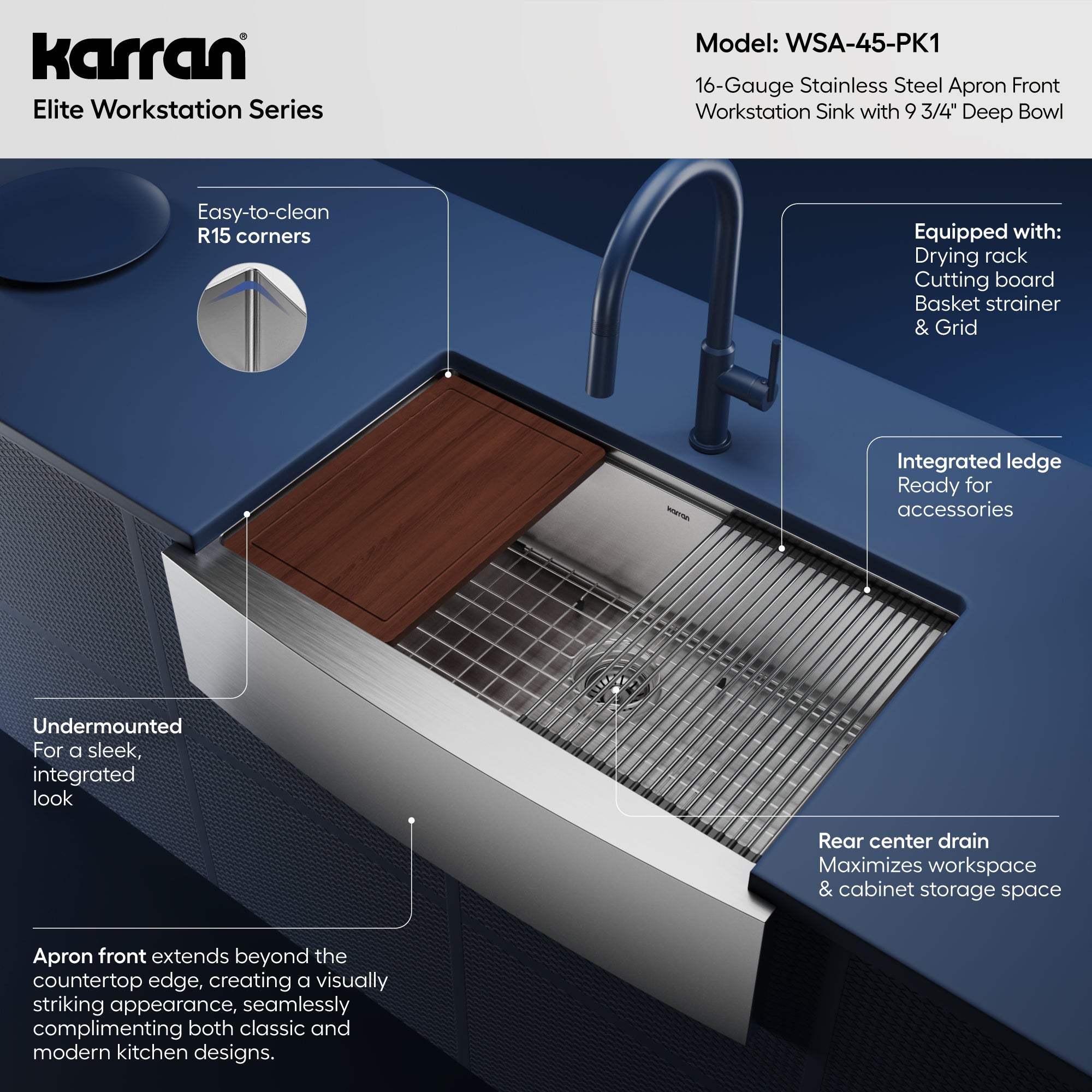 Alternative View of Karran Elite Workstation 33" Stainless Steel Workstation Farmhouse Sink with Accessories, 16 Gauge, WSA-45-PK1