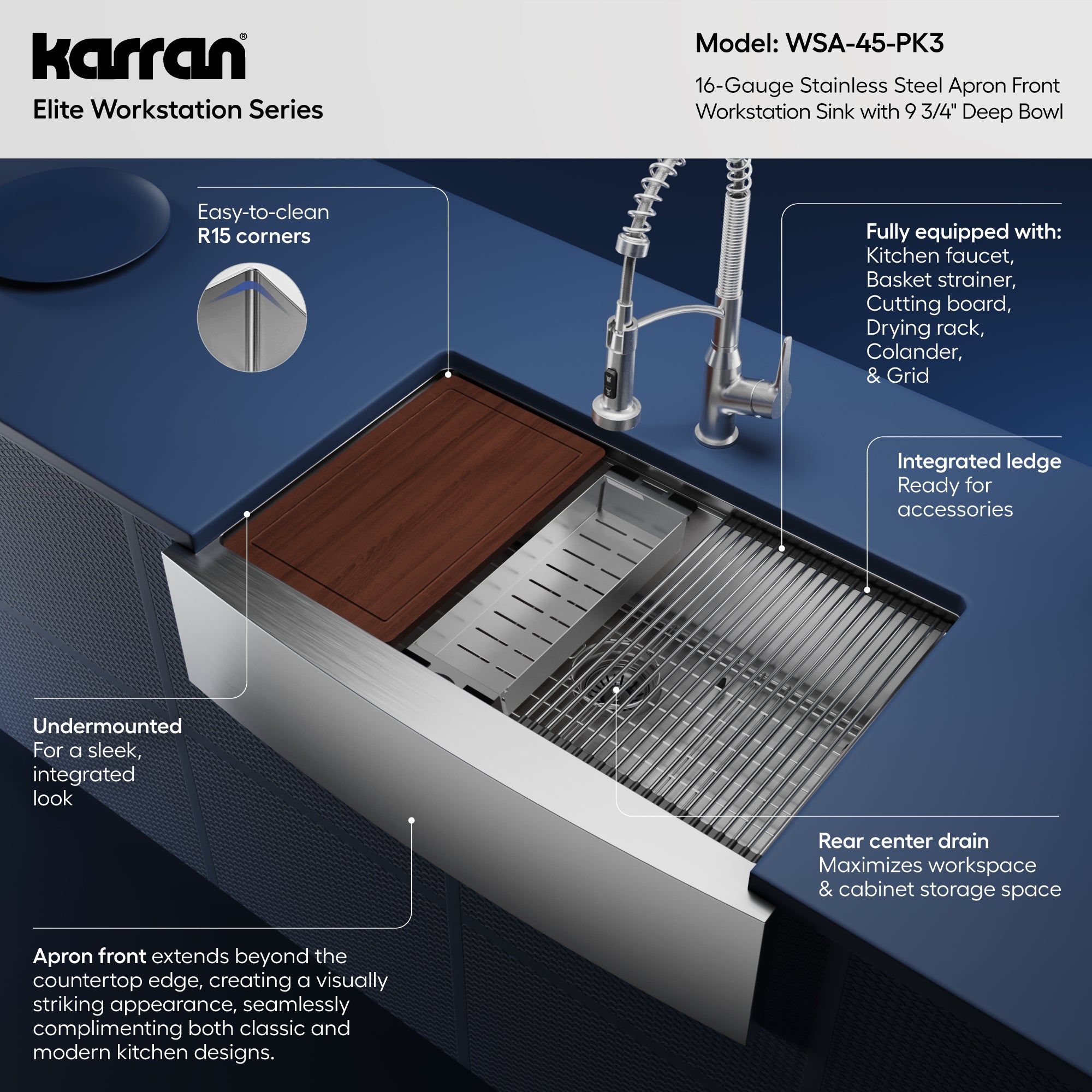 Karran elite workstation 33 stainless steel farmhouse sink with faucet informational image
