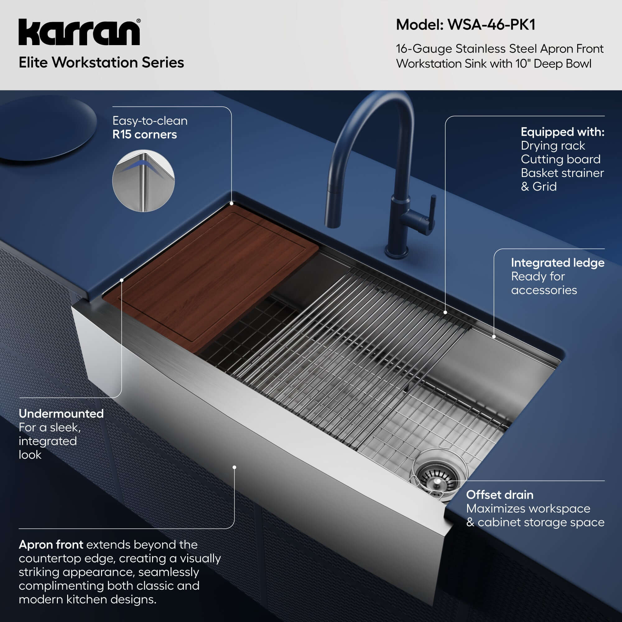 Alternative View of Karran Elite Workstation 36" Stainless Steel Workstation Farmhouse Sink with Accessories, 16 Gauge, WSA-46-PK1
