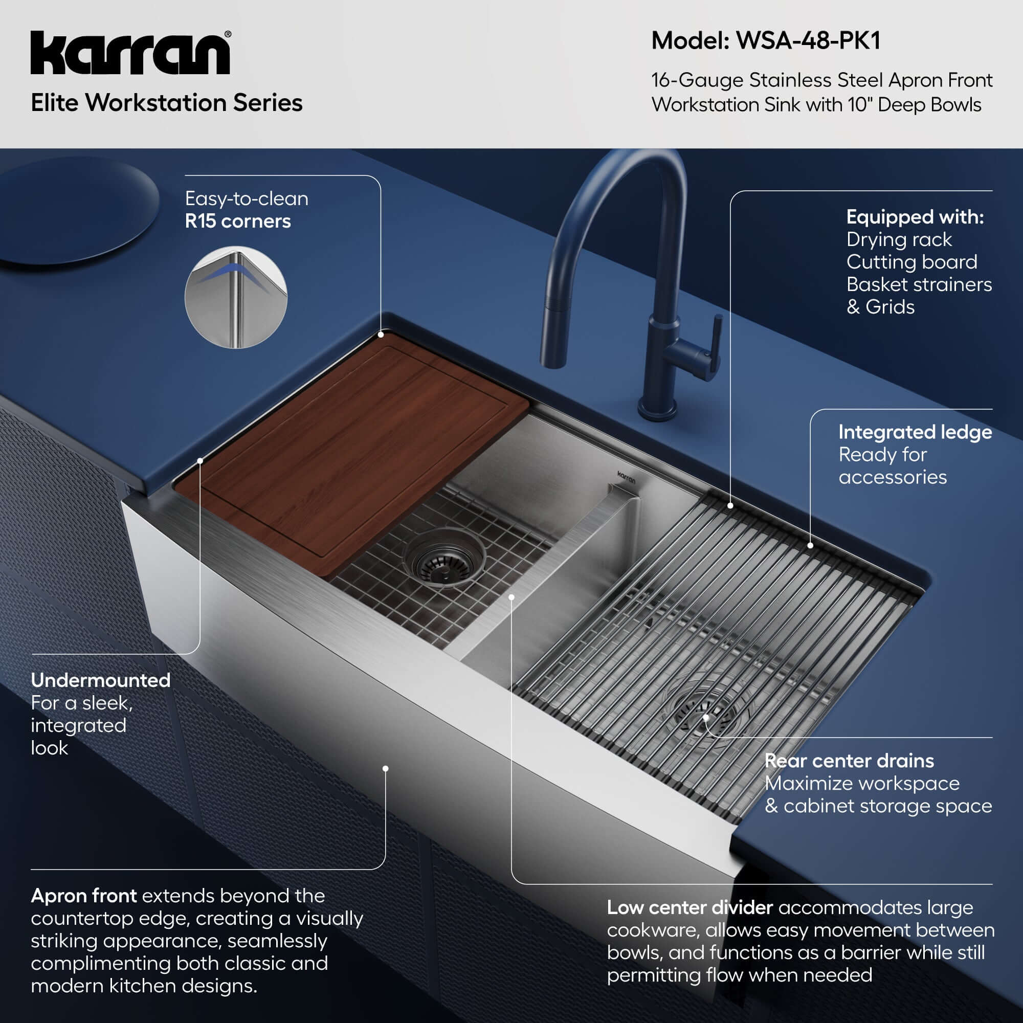 Alternative View of Karran Elite Workstation 36" Stainless Steel Workstation Farmhouse Sink with Accessories, 50/50 Double Bowl, 16 Gauge, WSA-48-PK1