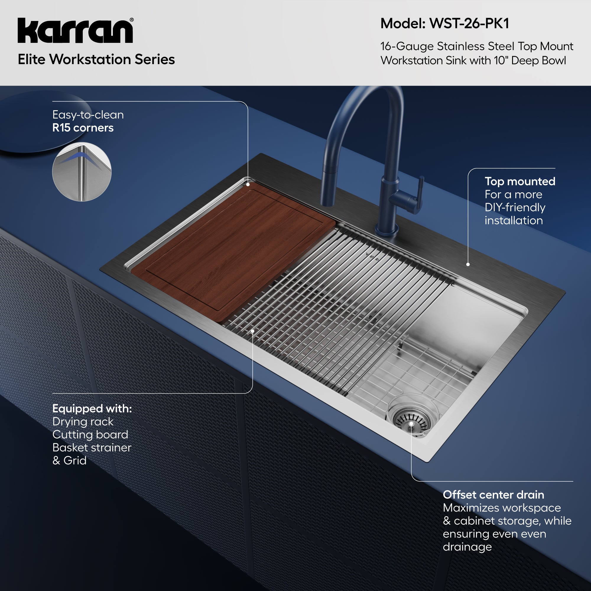 Alternative View of Karran Elite Workstation 33" Drop In/Topmount Stainless Steel Workstation Kitchen Sink with Accessories, 16 Gauge, WST-26-PK1
