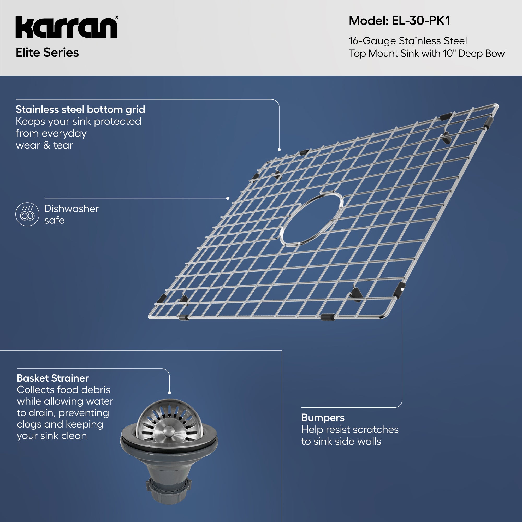 Alternative View of Karran 25" Drop In/Topmount Stainless Steel Kitchen Sink with Accessories, 16 Gauge, EL-30-PK1