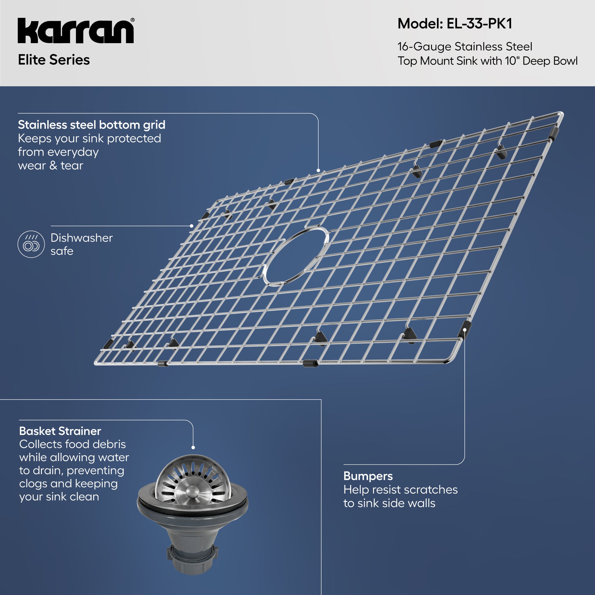 Alternative View of Karran 33" Drop In/Topmount Stainless Steel Kitchen Sink, 16 Gauge, EL-33-PK1