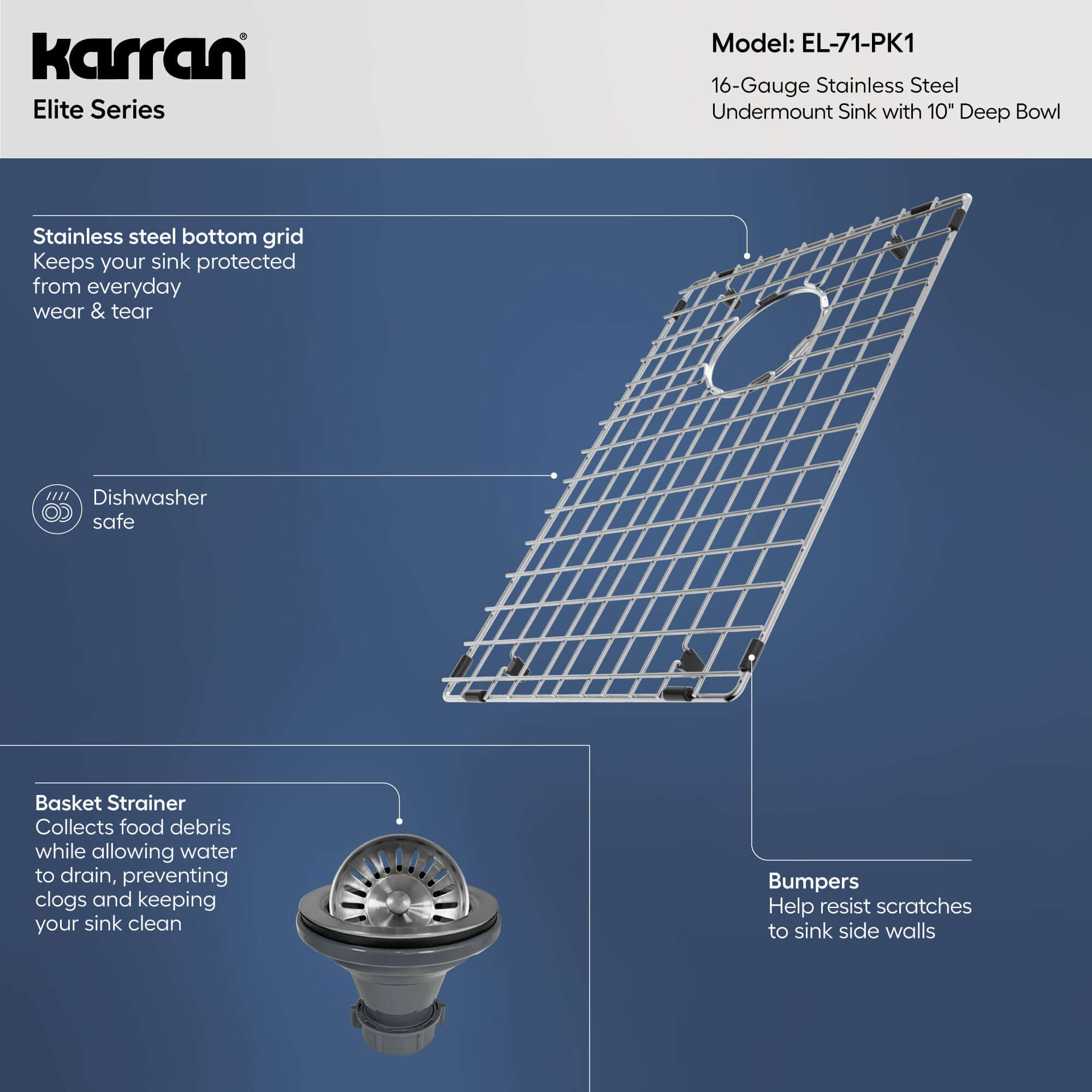 Alternative View of Karran Elite 15" Rectangular Stainless Steel Bar/Prep Sink with Accessories, 16 Gauge, EL-71-PK1