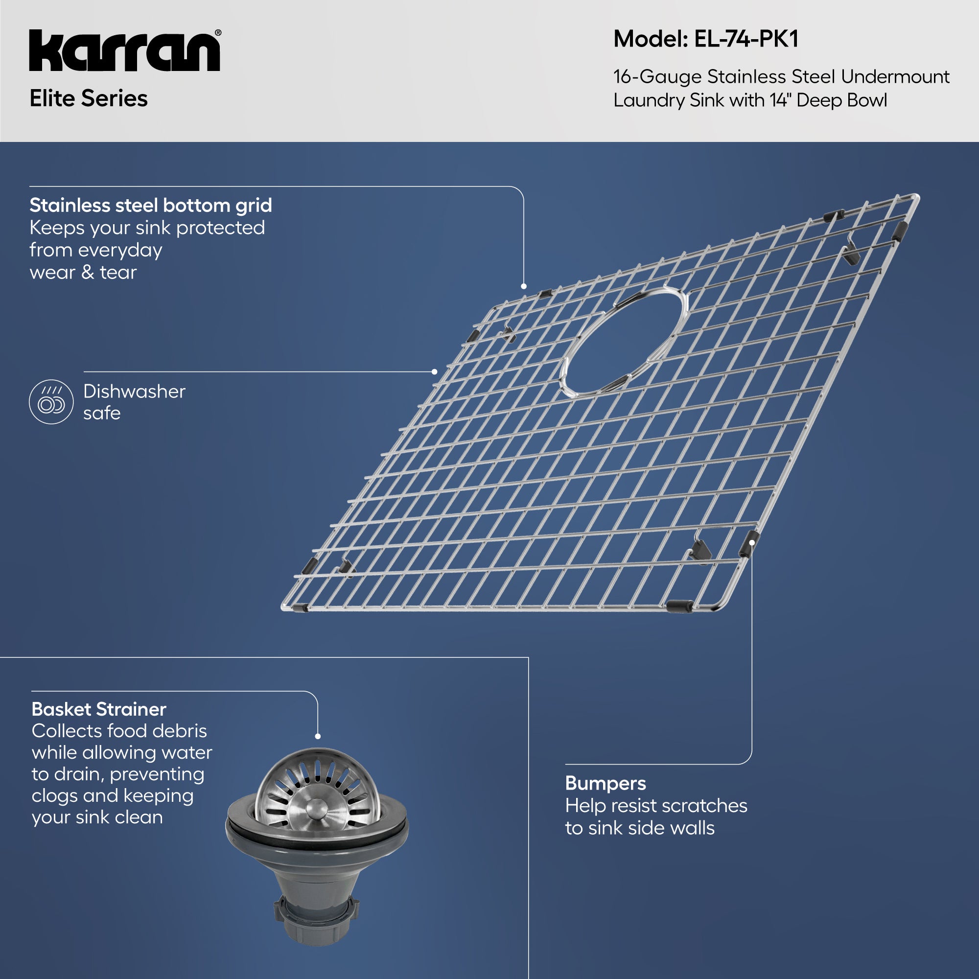 Alternative View of Karran Elite 23" Undermount Stainless Steel Kitchen Sink with Accessories, 16 Gauge, EL-74-PK1