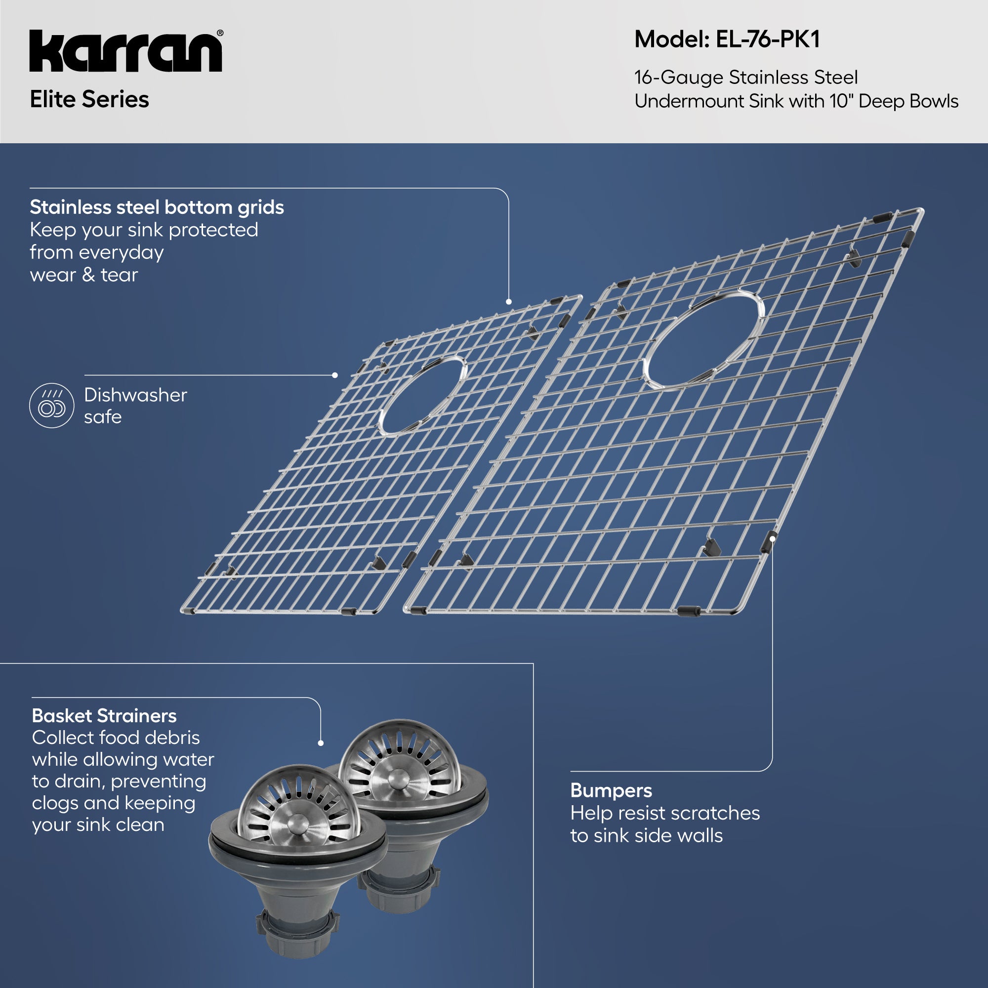 Alternative View of Karran 32" Undermount Stainless Steel Kitchen Sink, 50/50 Double Bowl, 16 Gauge, EL-76-PK1