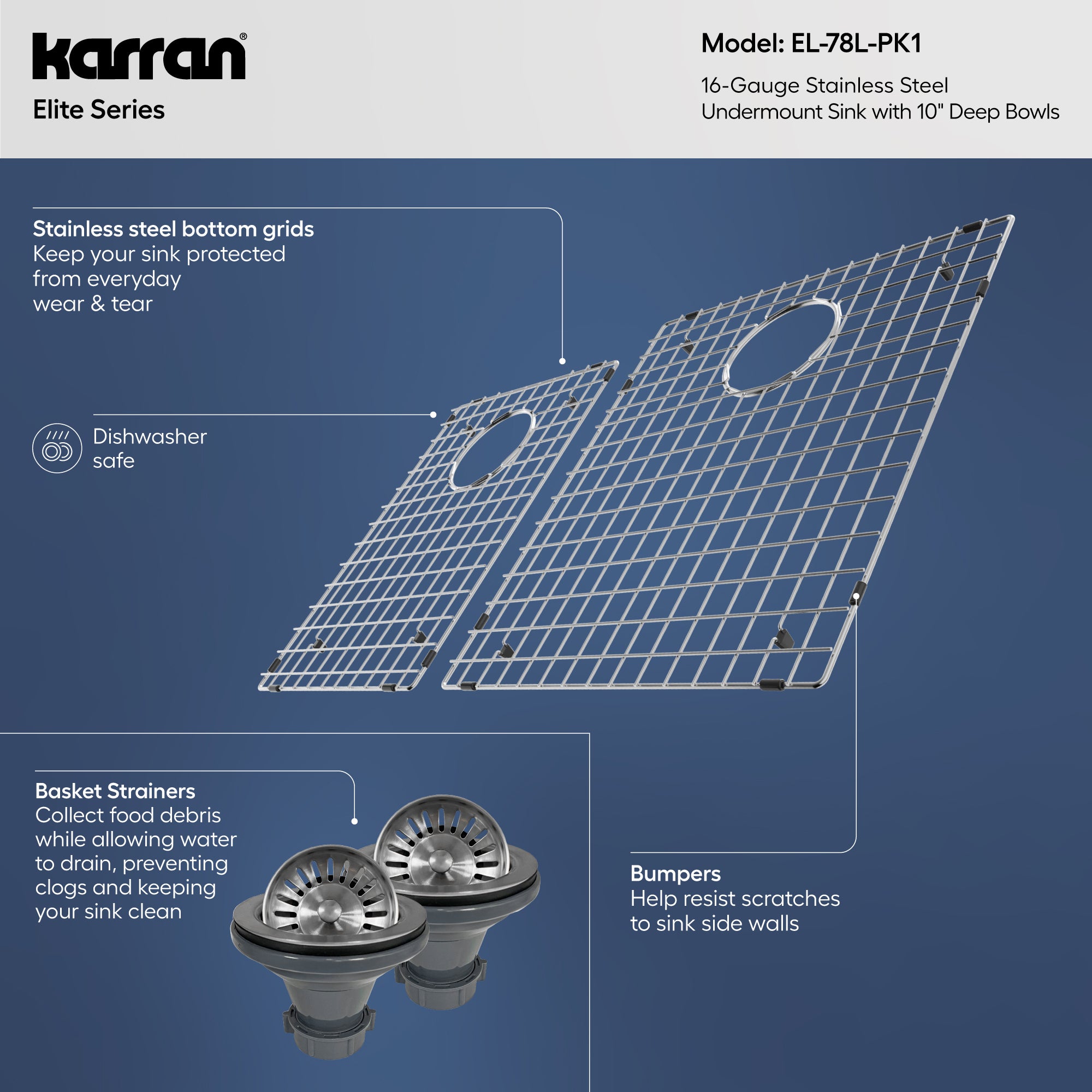 Alternative View of Karran Elite 33" Undermount Stainless Steel Kitchen Sink with Accessories, 40/60 Double Bowl, 16 Gauge, EL-78L-PK1