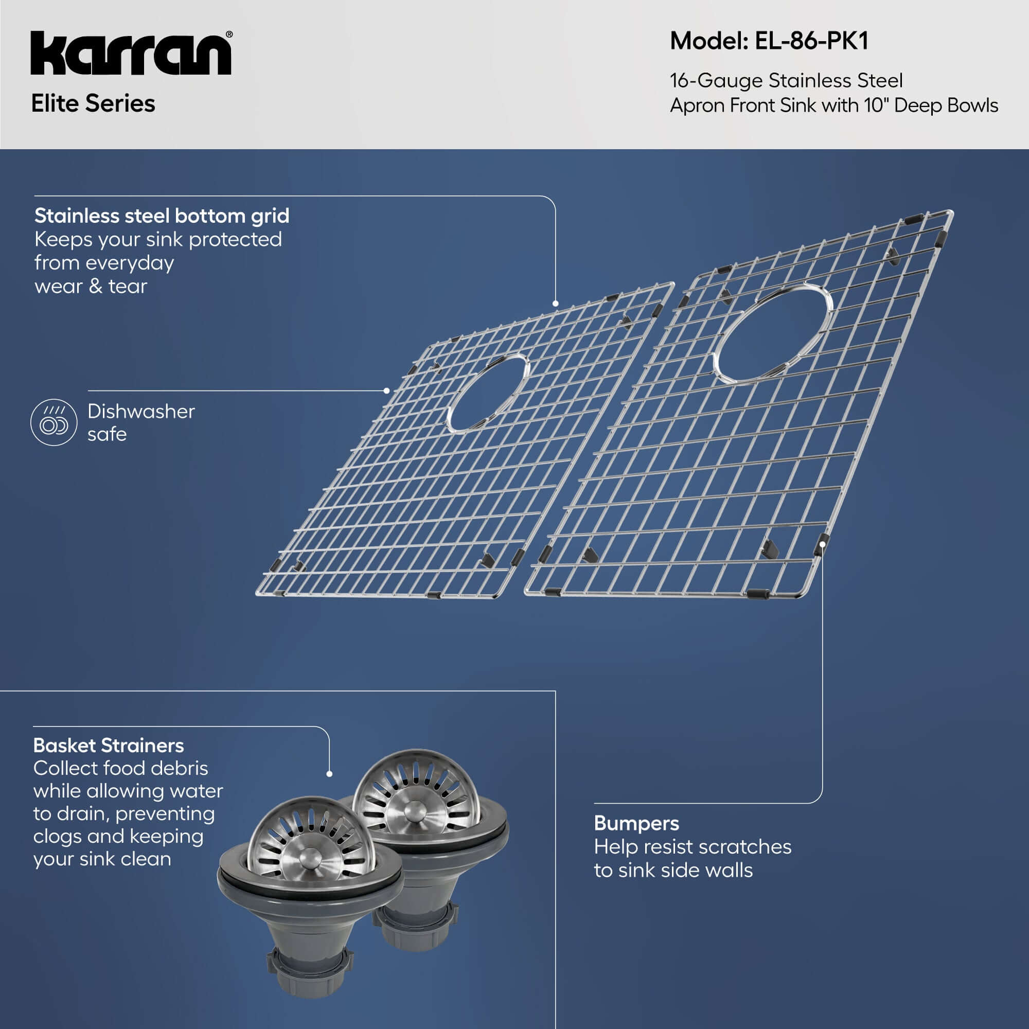 Alternative View of Karran 33" Stainless Steel Farmhouse Sink with Accessories, 60/40 Double Bowl, 16 Gauge, EL-86-PK1