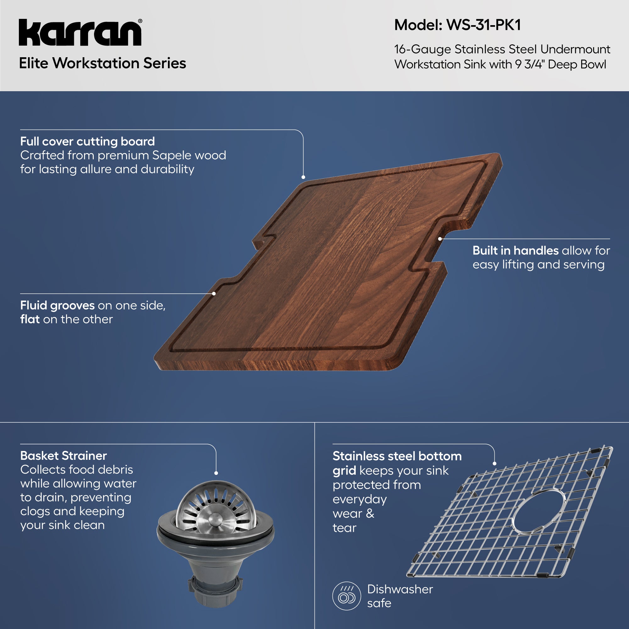Alternative View of Karran Elite Workstation 15" Undermount Stainless Steel Workstation Kitchen Sink with Accessories, 16 Gauge, WS-31-PK1
