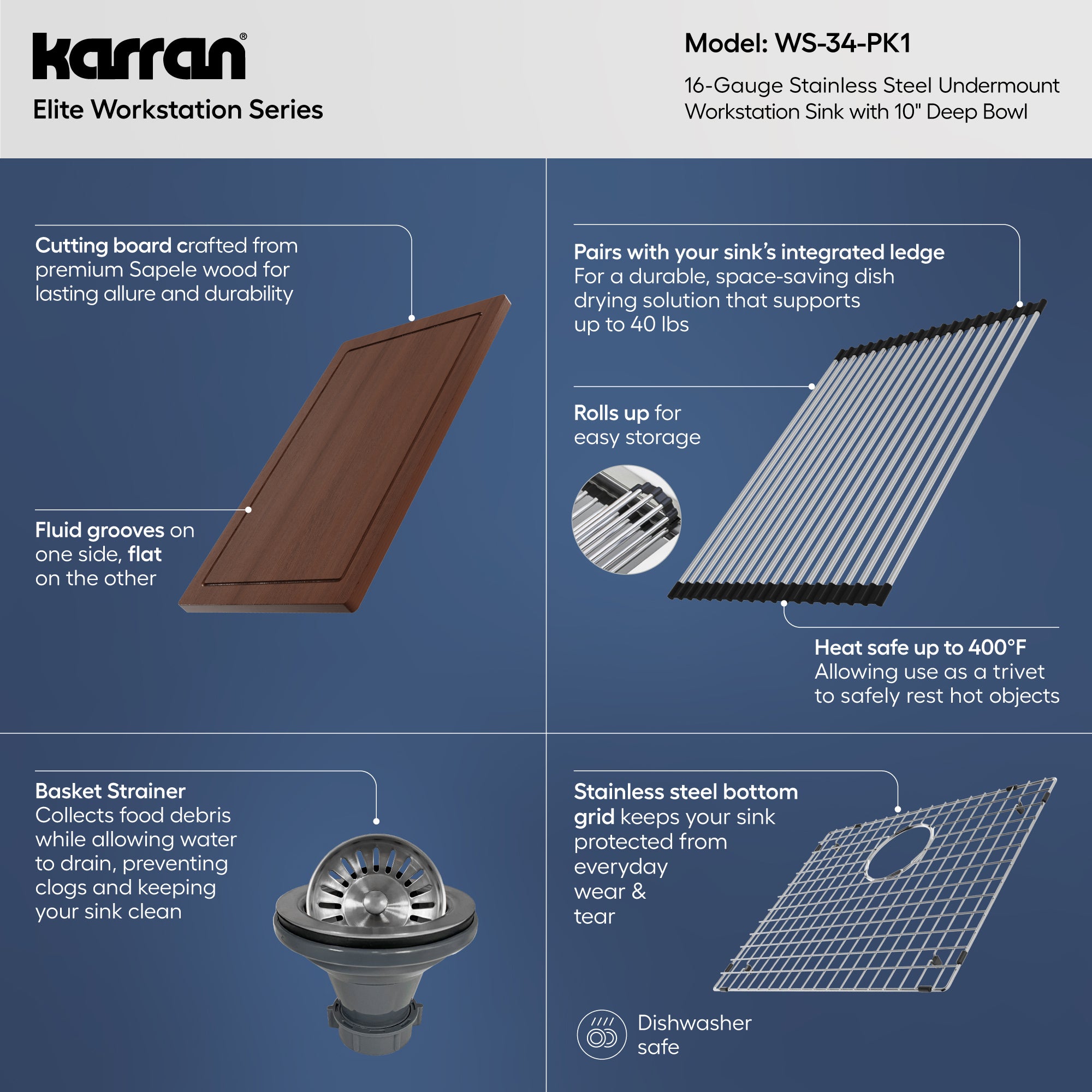 Alternative View of Karran Elite Workstation 27" Undermount Stainless Steel Workstation Kitchen Sink with Accessories, 16 Gauge, WS-34-PK1