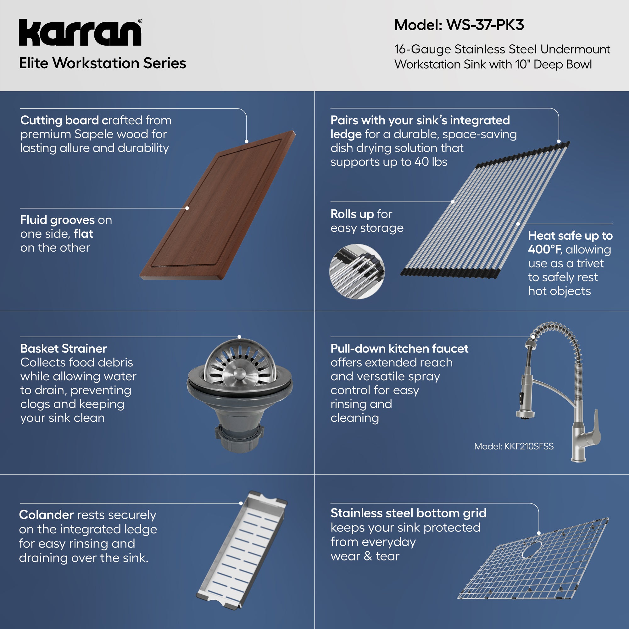 Karran elite workstation 32 stainless steel kitchen sink with faucet informational image