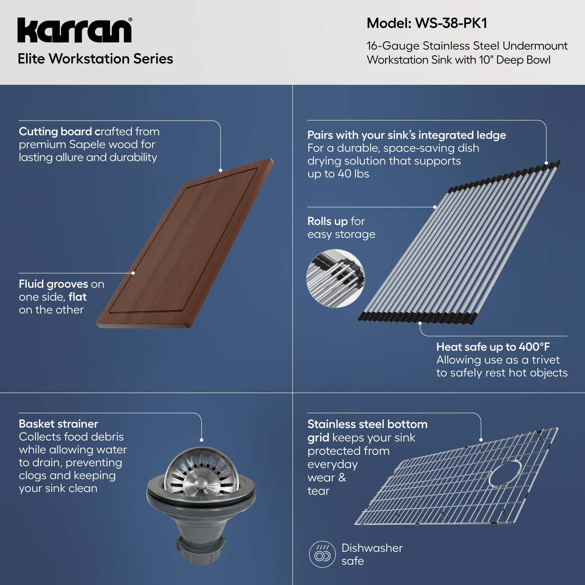 Alternative View of Karran Elite Workstation 36" Undermount Stainless Steel Workstation Kitchen Sink with Accessories, 16 Gauge, WS-38-PK1