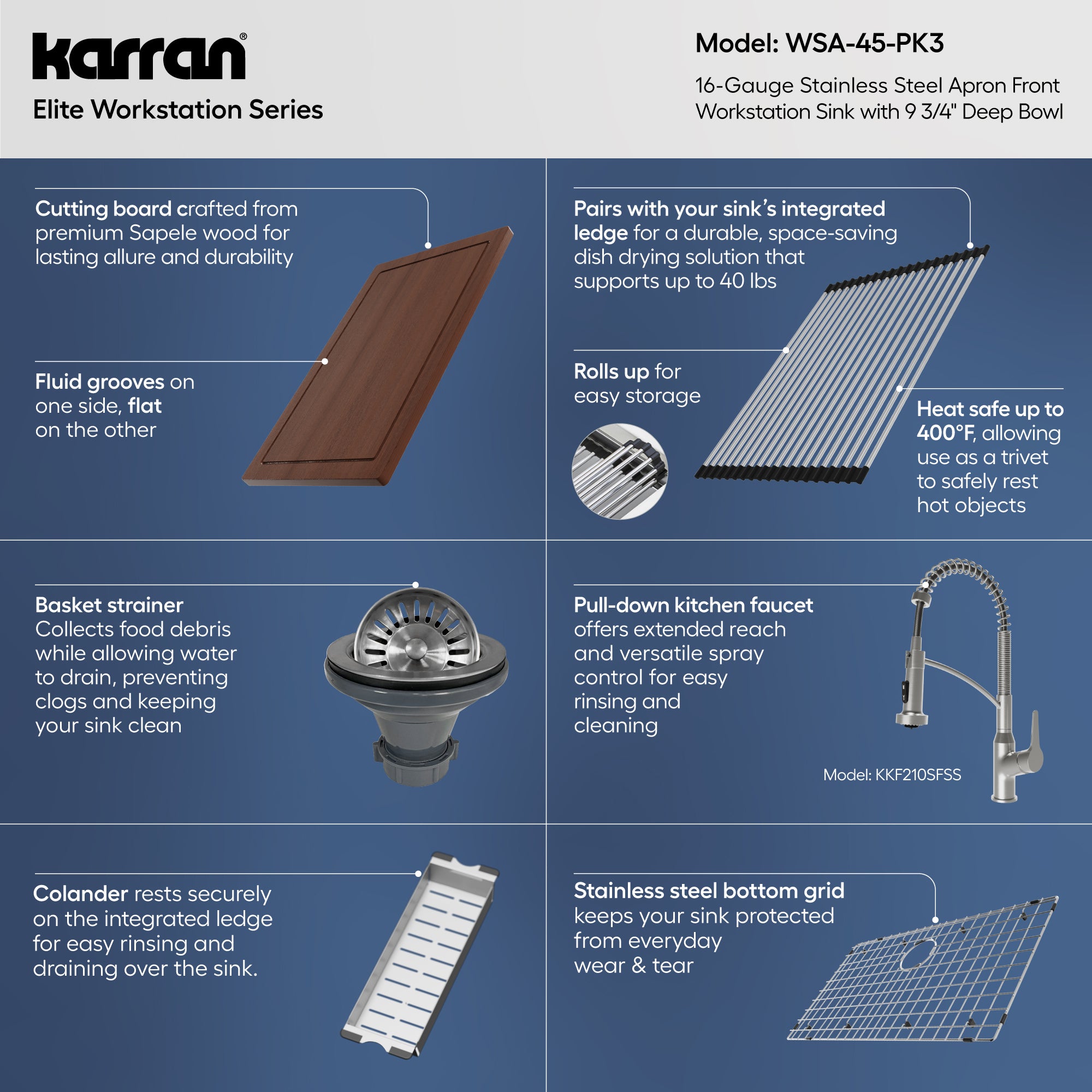 Karran elite workstation 33 stainless steel farmhouse sink with faucet informational image