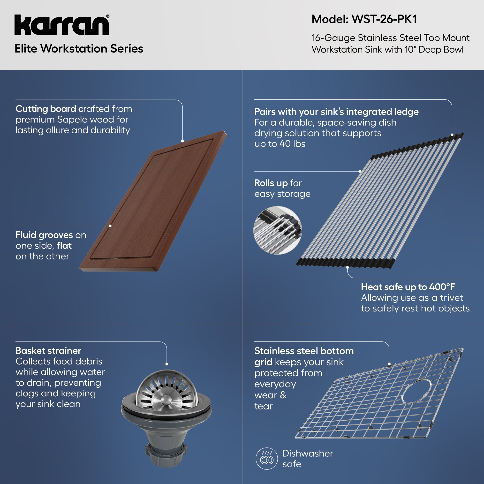 Alternative View of Karran Elite Workstation 33" Drop In/Topmount Stainless Steel Workstation Kitchen Sink with Accessories, 16 Gauge, WST-26-PK1