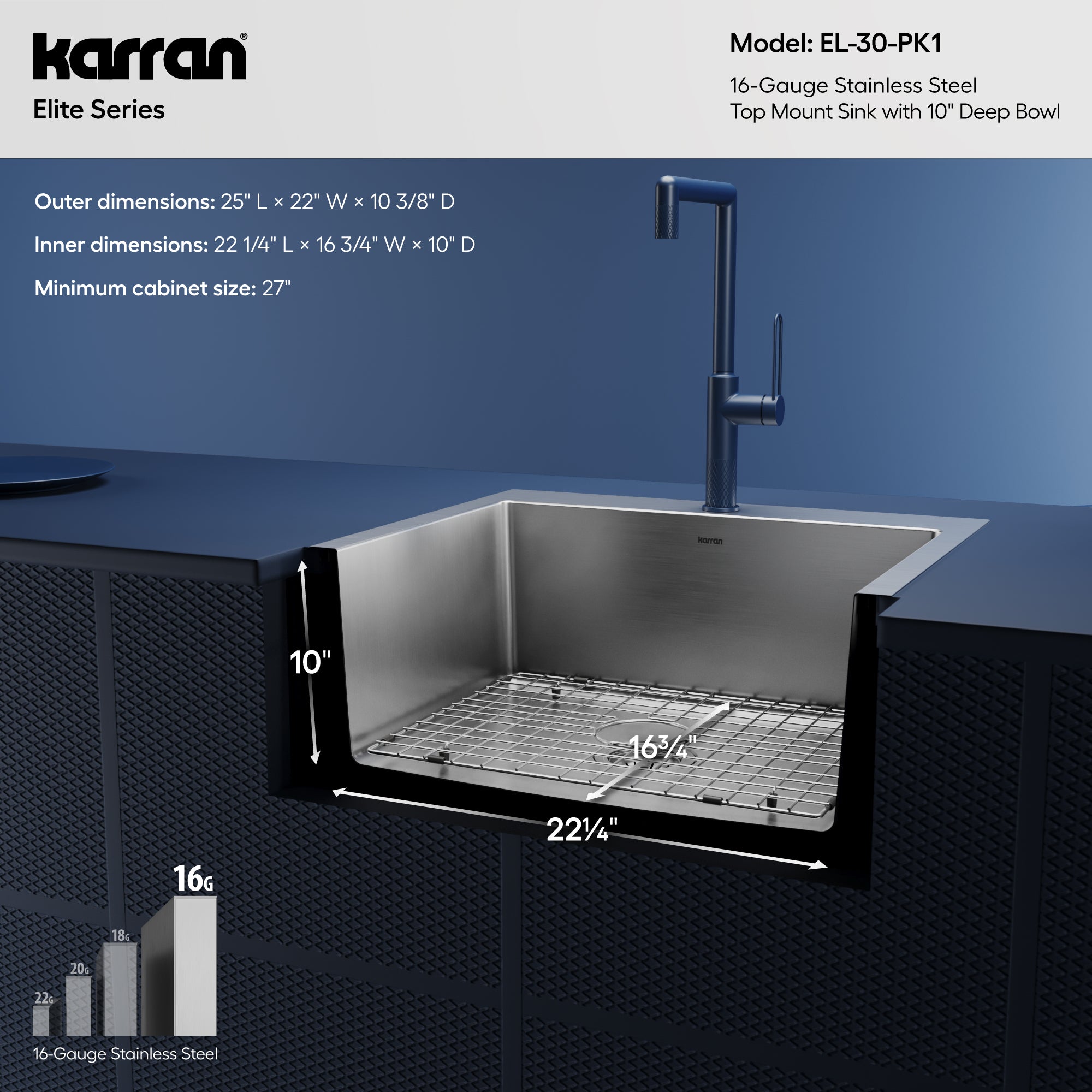 Alternative View of Karran 25" Drop In/Topmount Stainless Steel Kitchen Sink with Accessories, 16 Gauge, EL-30-PK1