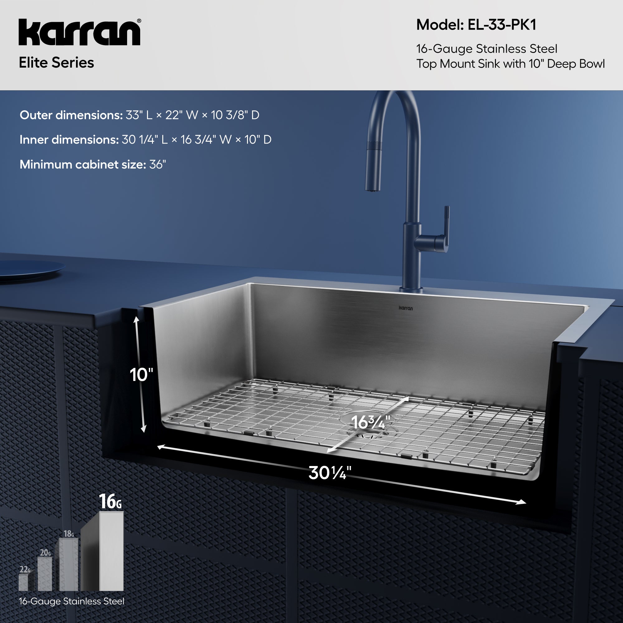 Alternative View of Karran 33" Drop In/Topmount Stainless Steel Kitchen Sink, 16 Gauge, EL-33-PK1