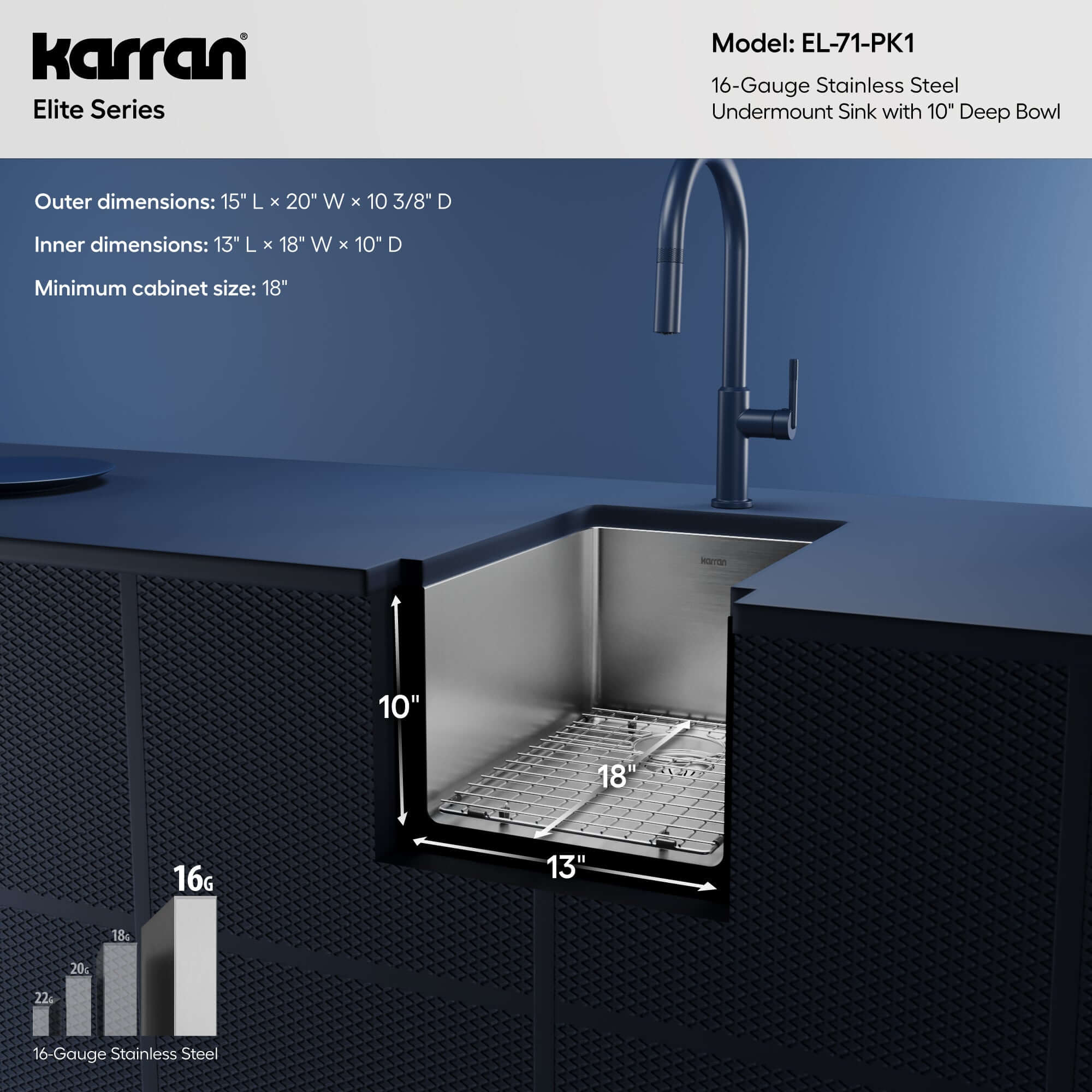 Alternative View of Karran Elite 15" Rectangular Stainless Steel Bar/Prep Sink with Accessories, 16 Gauge, EL-71-PK1