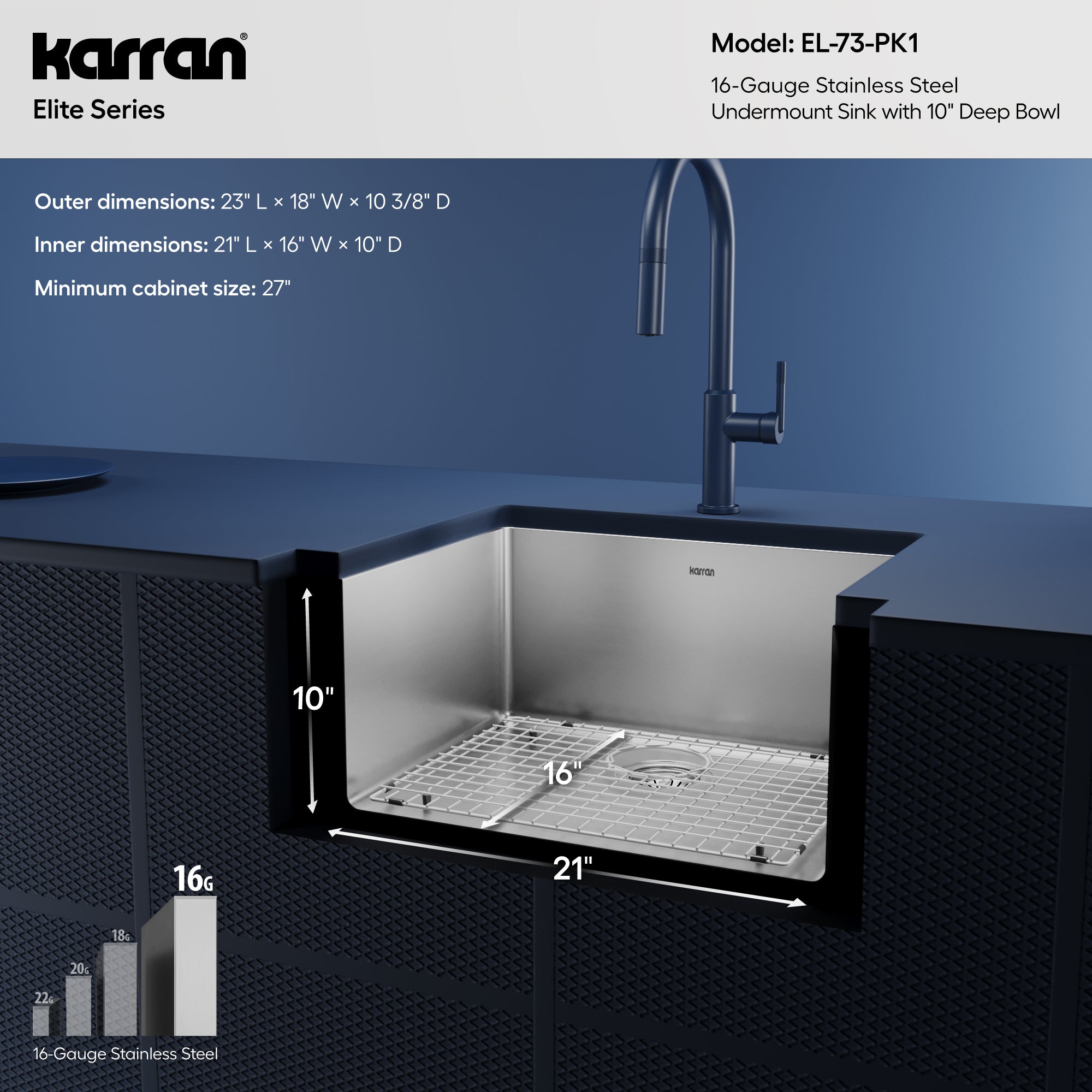 Alternative View of Karran 23" Undermount Stainless Steel Kitchen Sink, 16 Gauge, EL-73-PK1