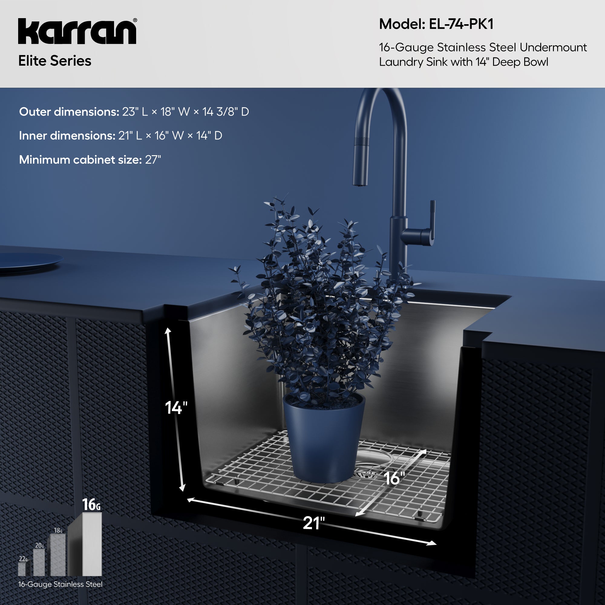 Alternative View of Karran Elite 23" Undermount Stainless Steel Kitchen Sink with Accessories, 16 Gauge, EL-74-PK1