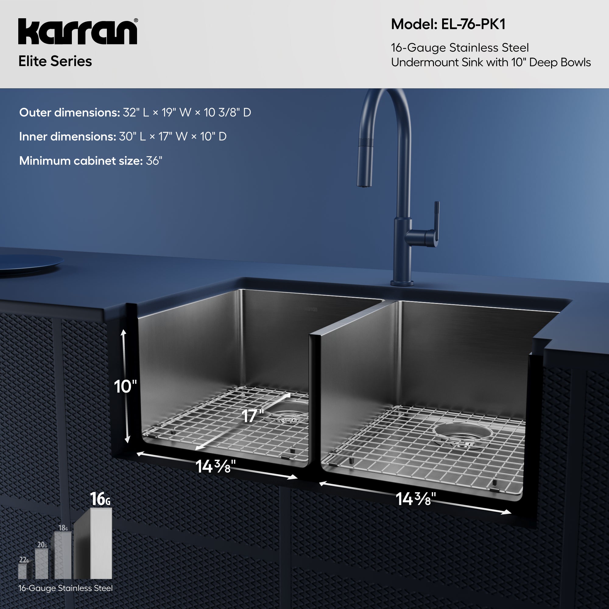 Alternative View of Karran 32" Undermount Stainless Steel Kitchen Sink, 50/50 Double Bowl, 16 Gauge, EL-76-PK1